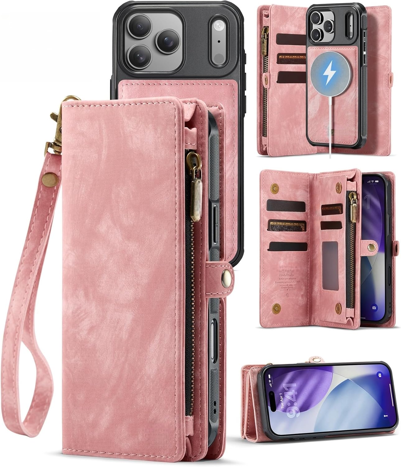 2-in-1 Wallet Case for iPhone 17 ProMax / 17 Pro / 17 Air/17, Magnetic Detachable PU Leather Case with RFID Blocking, Card Slots, Zipper Pocket,Wrist Strap,Compatible with MagSafe(Pink,17 Pro)
