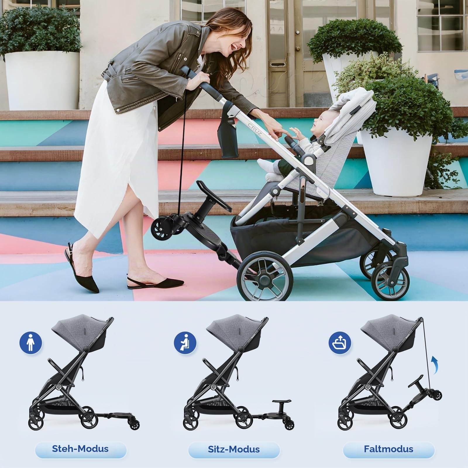 Buggy Board, Kinderwagen Trittbrett, Universal für alle Kinderwagen, Trittbrett Kinderwagenzubehör für Kinder von 2-6 Jahren, max. Belastung von 25kg, schwarze Räder