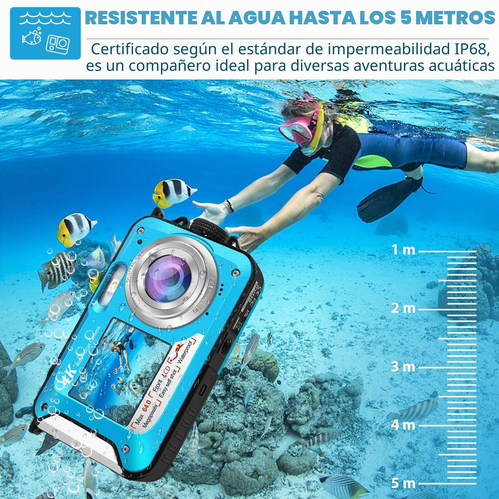 Cámara Acuática 64MP con Tarjeta de Memoria 64GB, Sumergible 4K con Autoenfoque y Doble Pantalla para Selfies, Sumergible hasta 5 Metros para Niños y Snorkel (2 Baterías)