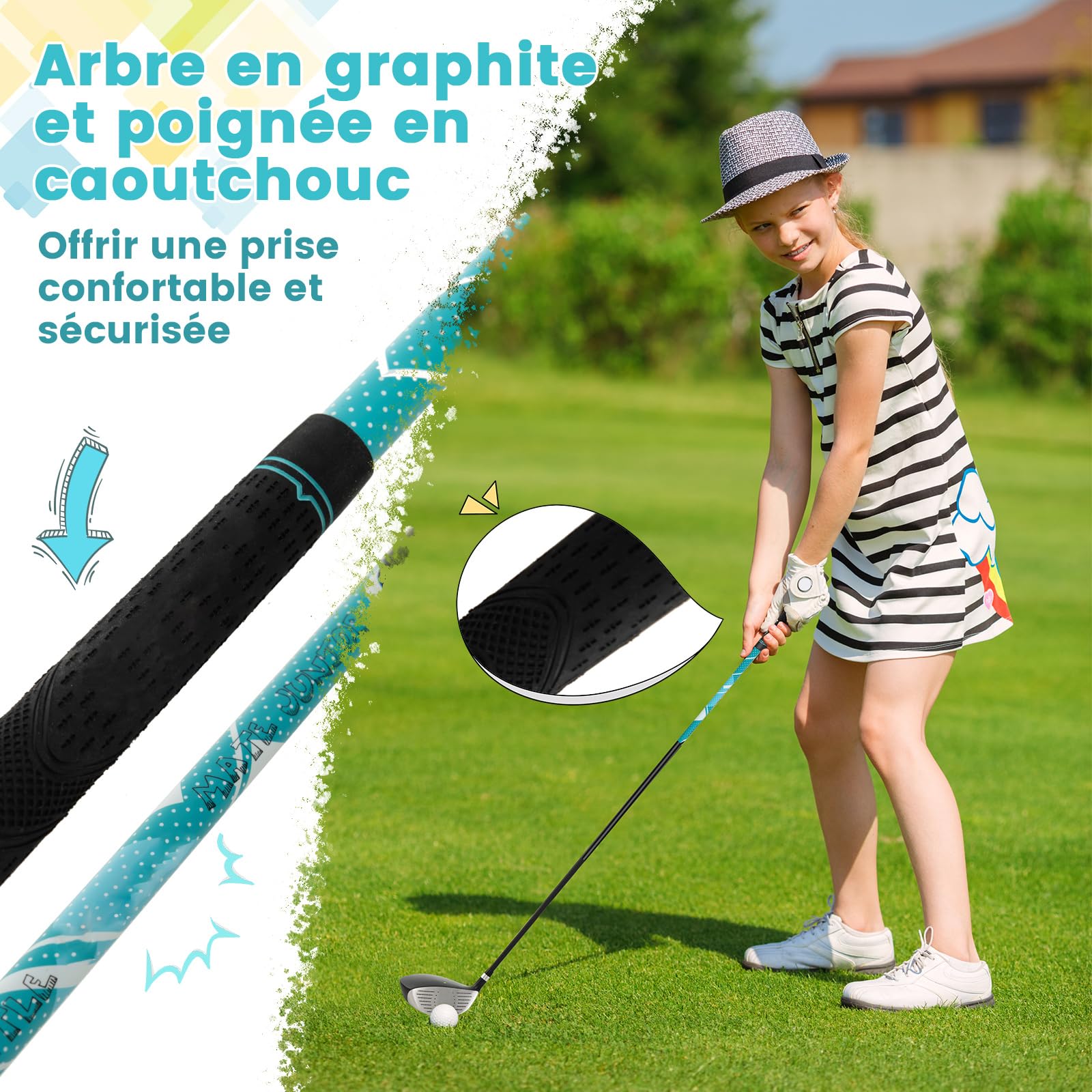 COSTWAY Ensemble Club de Golf Portable pour Enfants, Set de Golf Complet Sac Trépied avec Capuche Anti-Pluie, pour Droitier