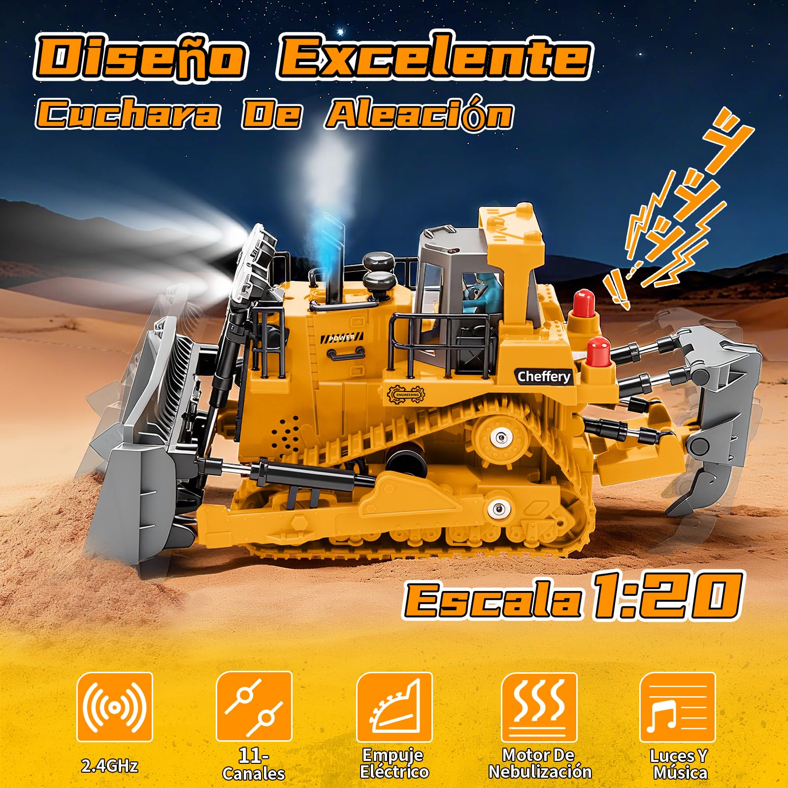 Bulldozer Teledirigido, 11 Canales Juguete de Bulldozer Teledirigido, 2.4 GHz Bulldozers RC con Luces y Efectos de Sonido, 1:20 Juguete Bulldozers de Regalo para Niños y Niñas de 4 a 12 Años
