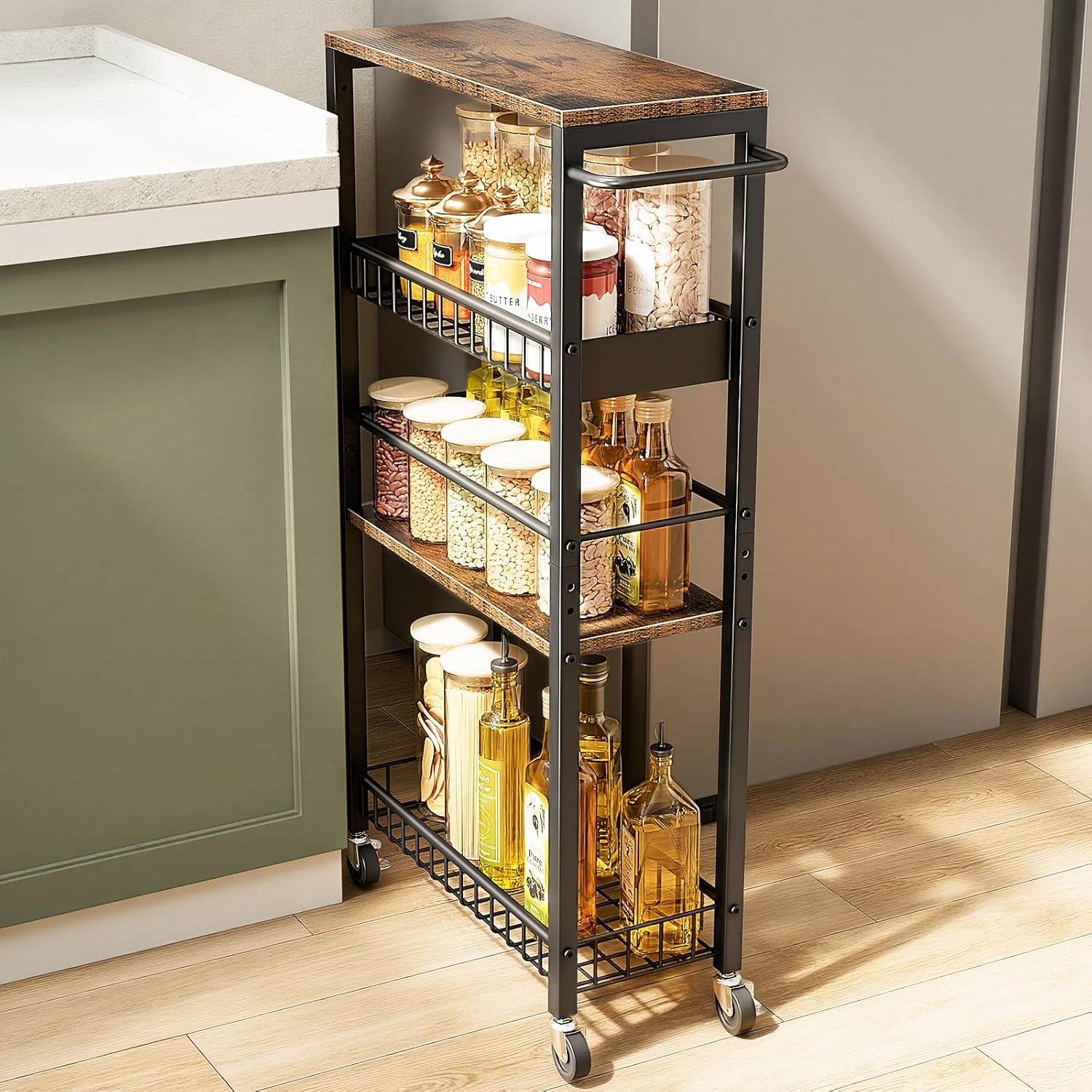 Slim Storage Rolling Cart, 4 Tier Narrow Cart with Wheels, Metal Kitchen Rolling Cart for Small Spaces, Slide Out Storage Shelves for Kitchen, Laundry Room, Bathroom, Living Room, 7.1in(W)