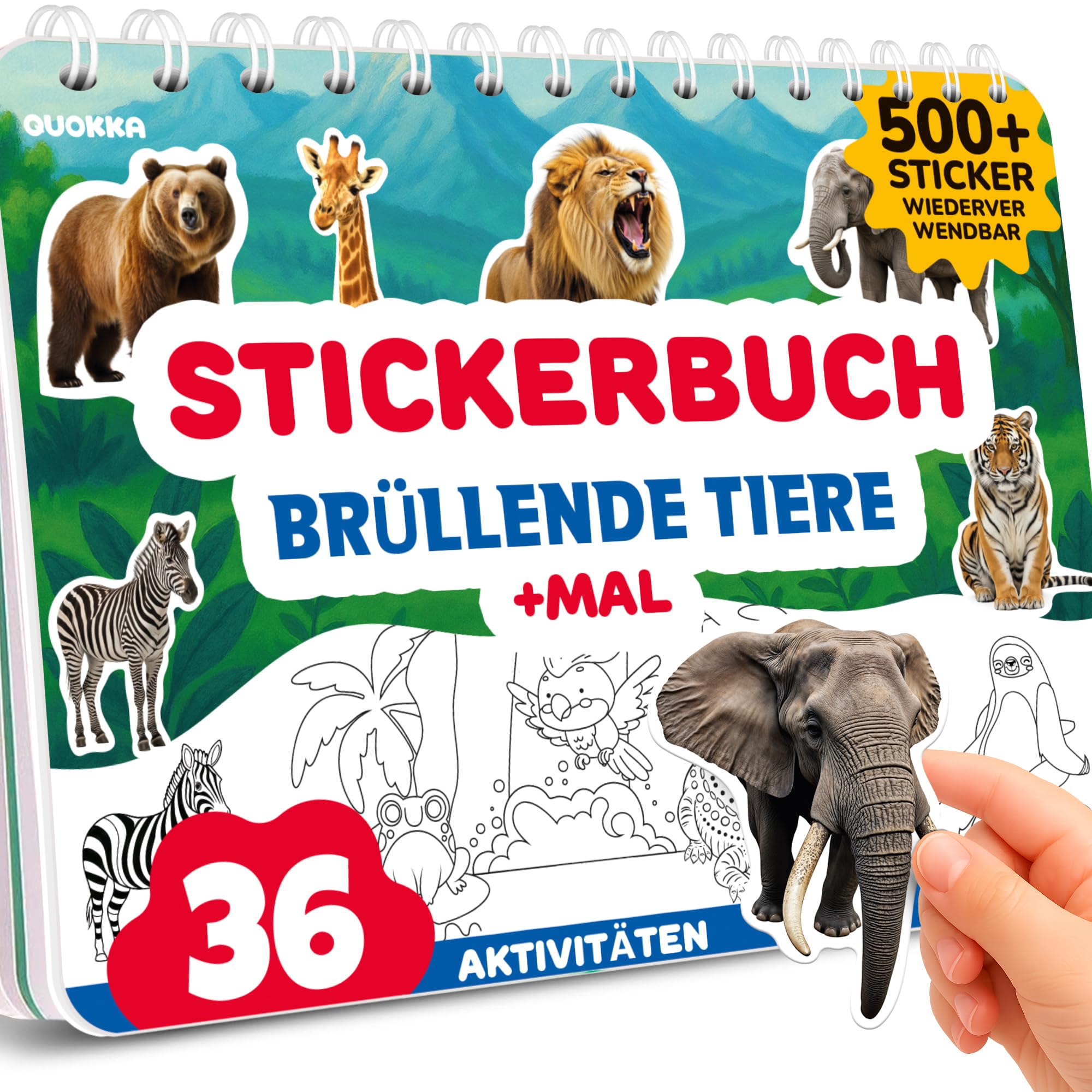 QUOKKA Stickerbuch für Kinder 3-5 Jahre Realistische Tiere – Kleinkind-Aktivitätsbuch, Mal- und Sticker-Kreativbuch mit 500+ Stickern, Eigene Szenen gestalten für Reisen und ruhiges Spielen