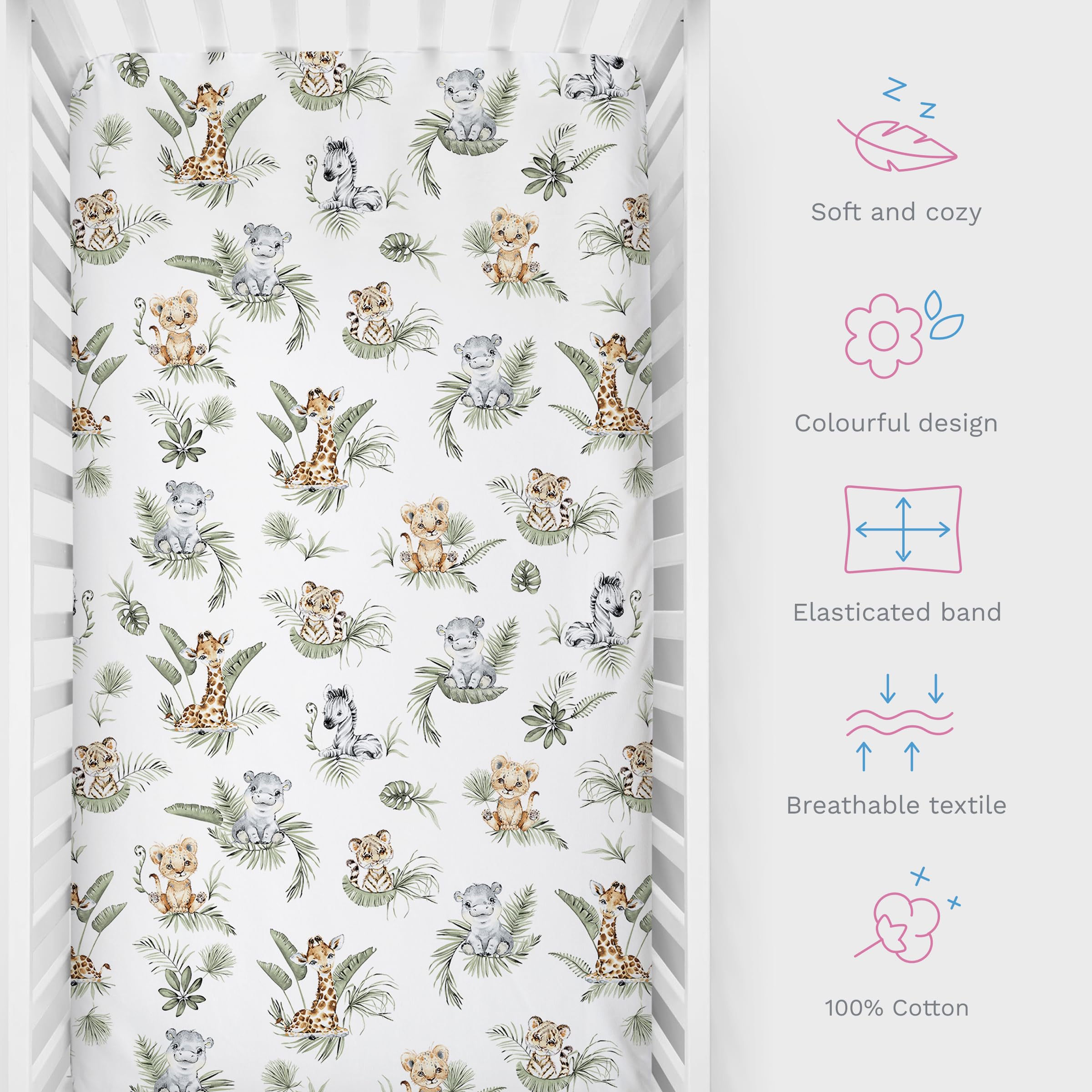 The Baby Comfort Safari fitted sheet provides a soft, breathable sleep surface for your baby's co-sleeper crib.