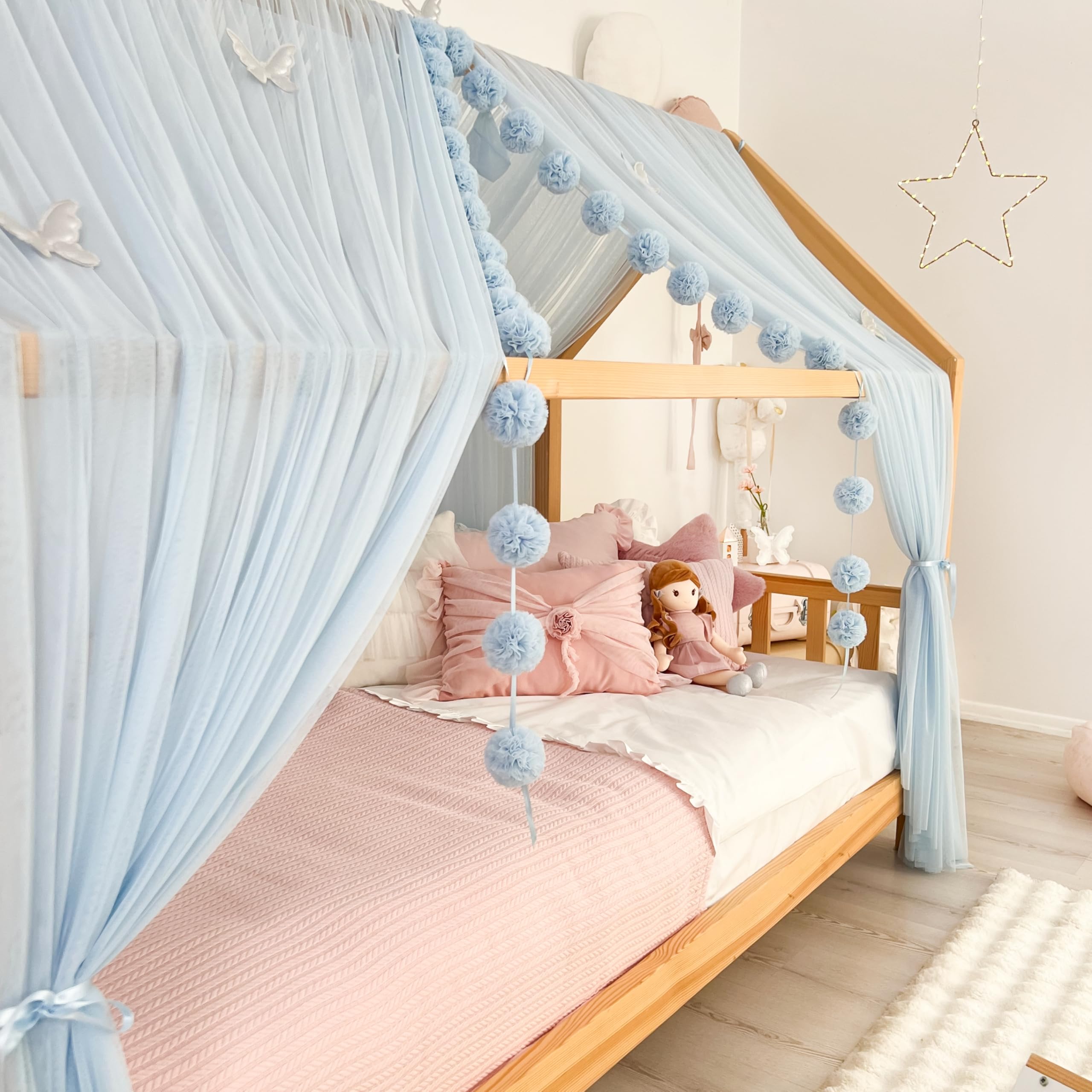 Tenda a baldacchino per letto della cameretta dei bambini, decorazione per letto montessori, tenda da gioco in morbido tulle per bambini (blu, 340 cm, set da 4)
