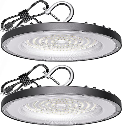 Yihuven Paquete de 2 luces LED UFO de alta bahía de 150 W (equivalente a 600 W MHHPS), 21000 lm, luz diurna de 5000 K, lámpara comercial impermeable