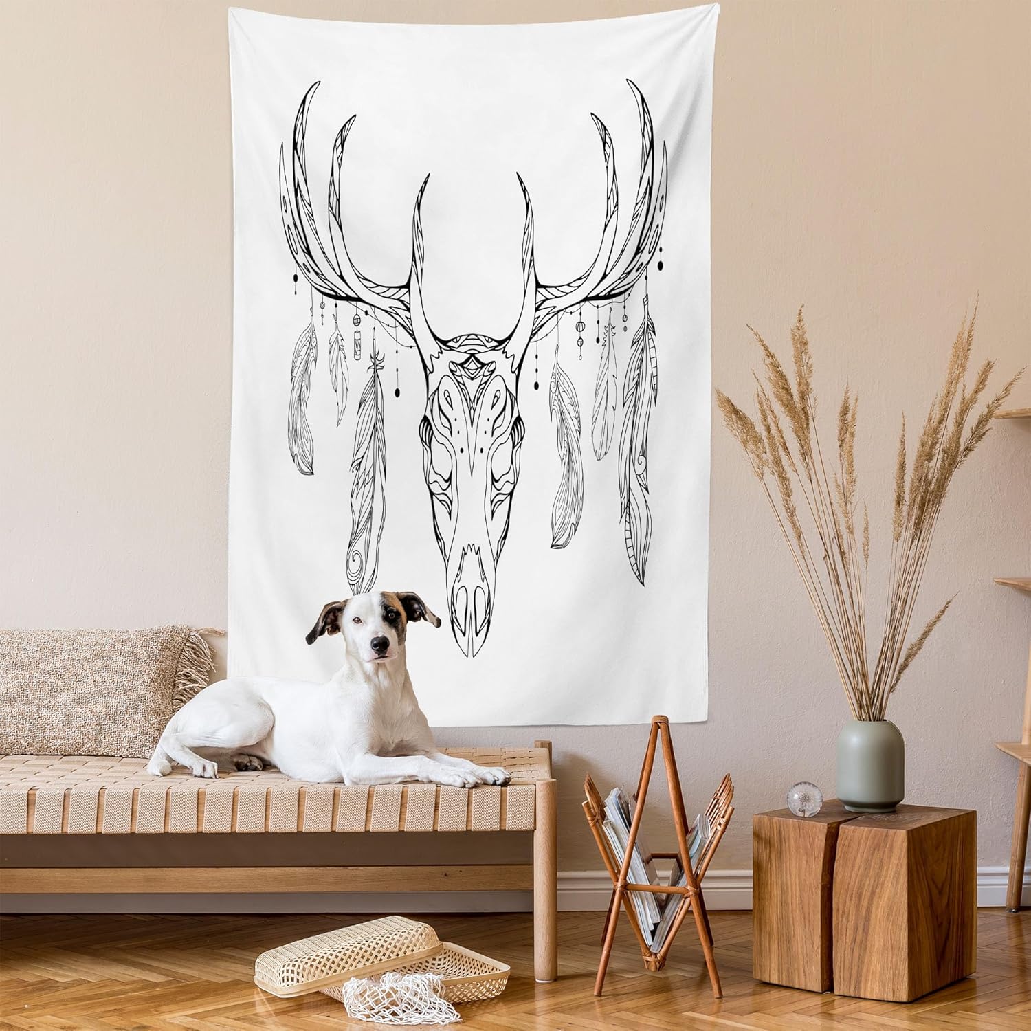 Ambesonne Antlers Tapestry Queen Size, Illustration of a Deer Skull Bone and Feathers Boho Pattern Tribal, Wall Hanging Bedspread Bed Cover Wall Decor, Queen Size, White Grey