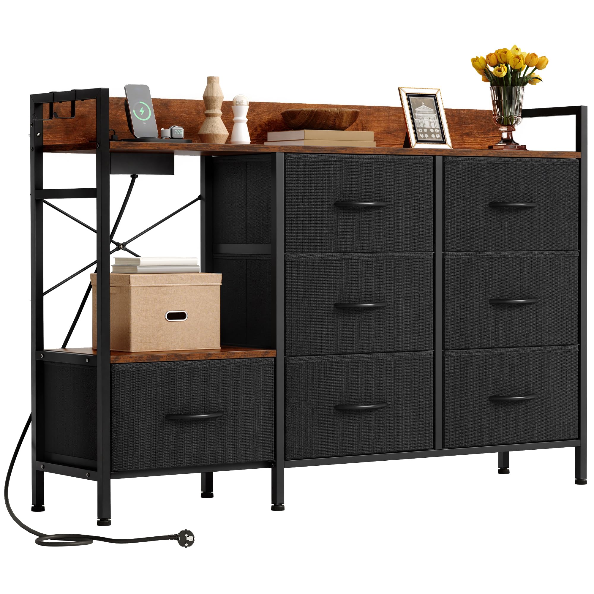 YITAHOME Commode pour Chambre à Coucher avec 7 tiroirs en Tissu, Commode avec 2 Prises, 2 Ports USB et Bande Lumineuse LED, Meuble TV avec Crochets latéraux, Noir
