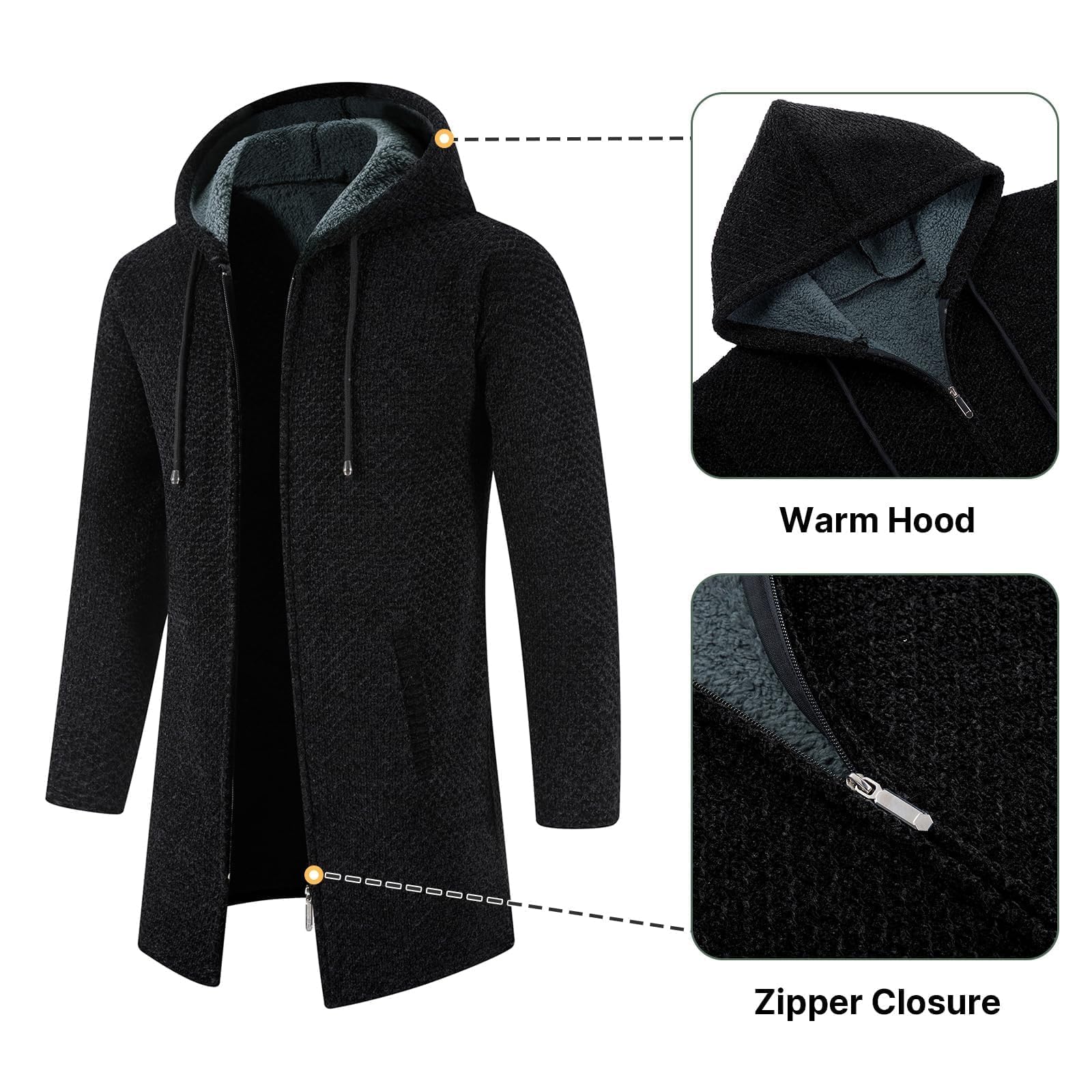 KUDORO Cardigan Gilet Homme Long à Capuche Zippé Cardigan en Tricot Hoodie Épais et Décontractée Polaire Chandail Sweats à Capuche