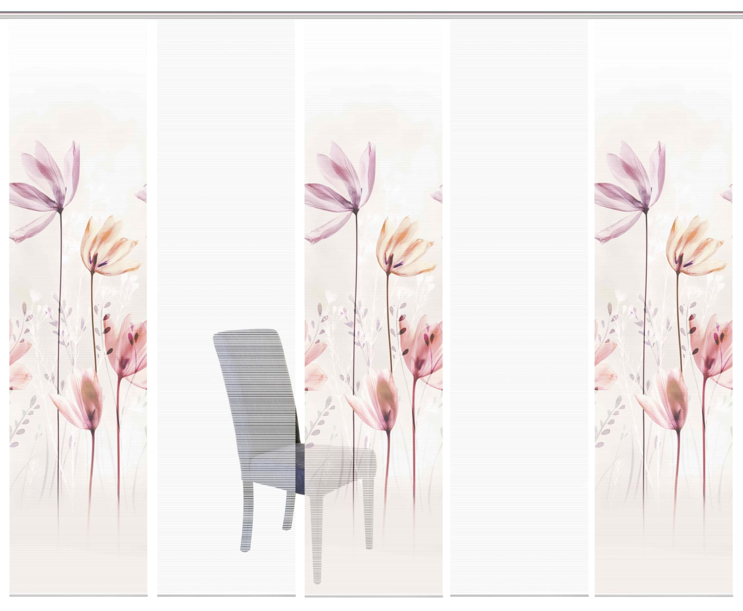 95067 | 5er-Set Schiebegardine 'KUKAT', Digitaldruck auf Bambus-Optik, mit abstraktem Blumen-Motiv, 260x60cm, Farbe: Natur