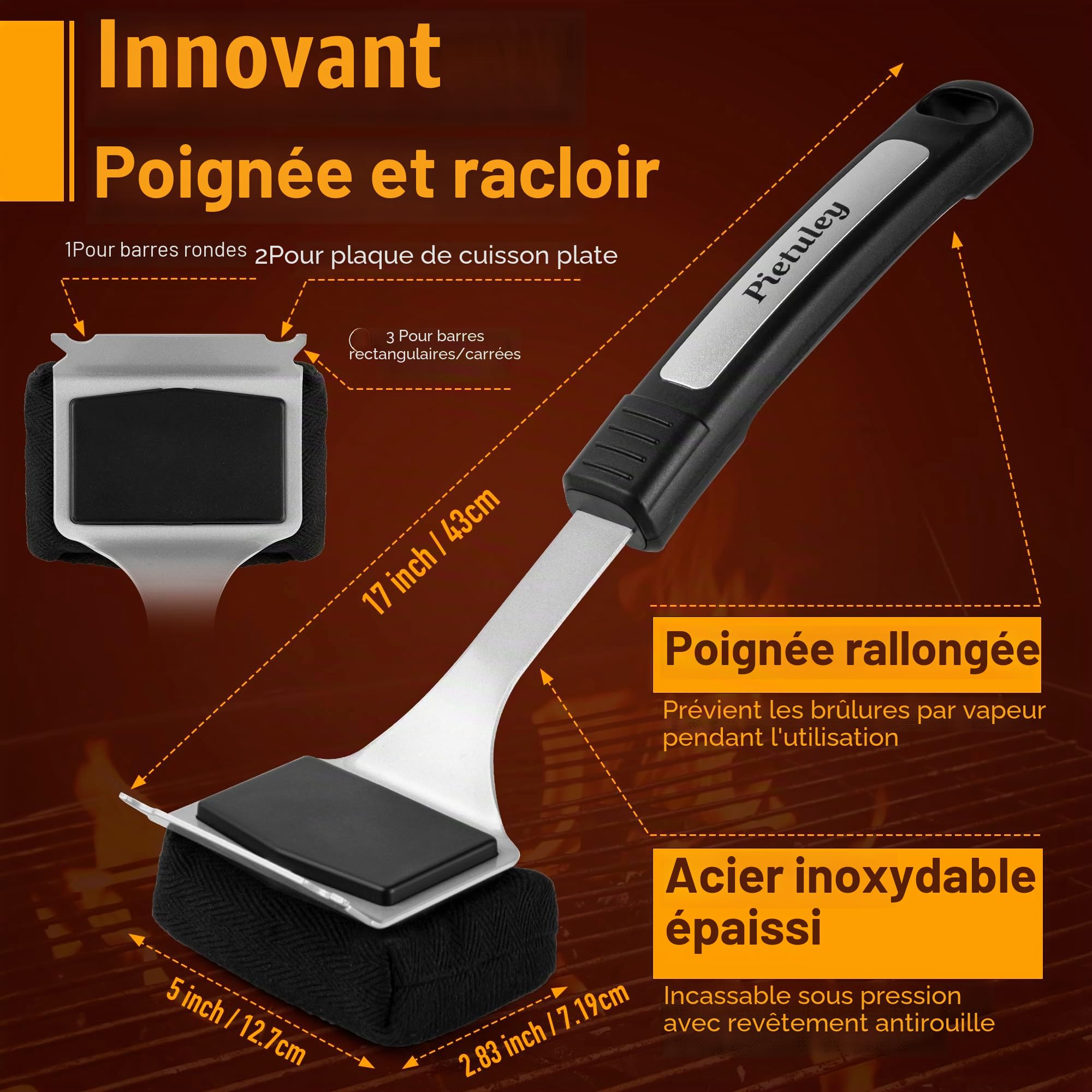 Pietuley Brosse Barbecue Sans Poils Vapeur avec Grattoir Acier Inoxydable, Sûre Accessoires Barbecue Ustensiles Brosse de Nettoyage Accessoire BBQ, Grattoir Plancha Accessoires pour BBQ et Fumoir
