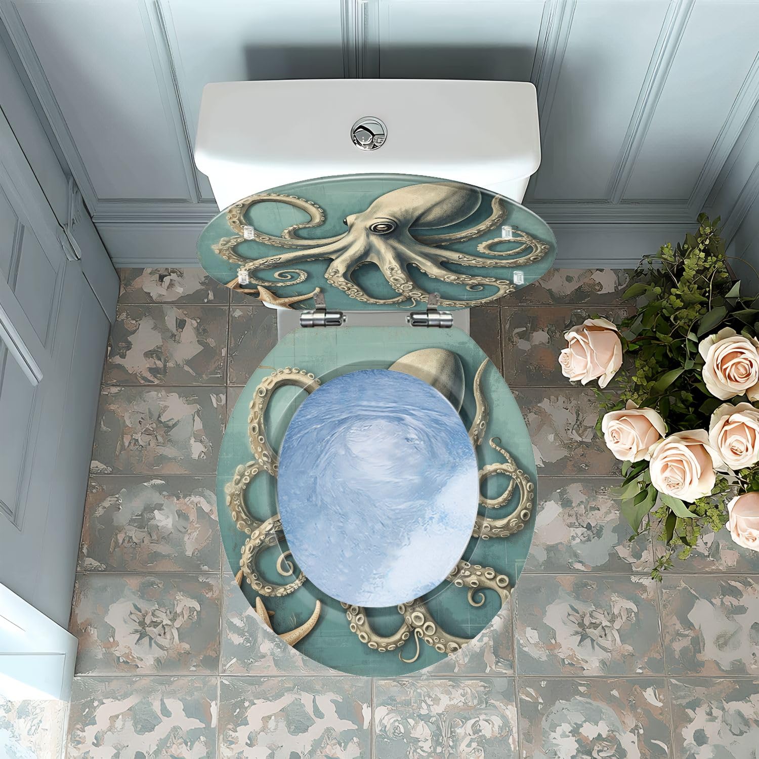 Asiento de inodoro redondo de resina con bisagras de liberación rápida para baño.