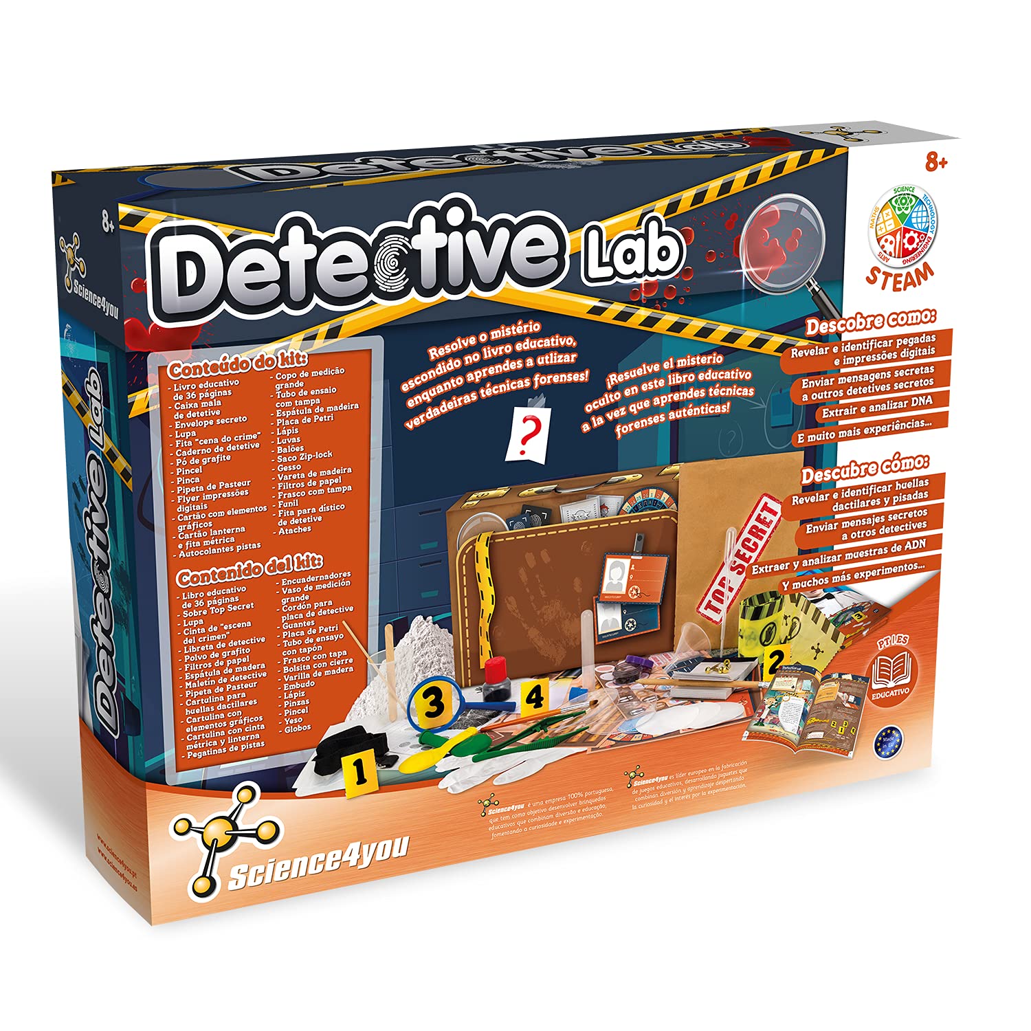 Science4you Laboratorio de Detective - Kit Detective con 15 Experimentos Científicos: Resuelve el Caso Misterioso, Encuentra Las Pistas, Huellas Dactilares, Pegadas, Regalo para Niños 7 8 9 10 Años