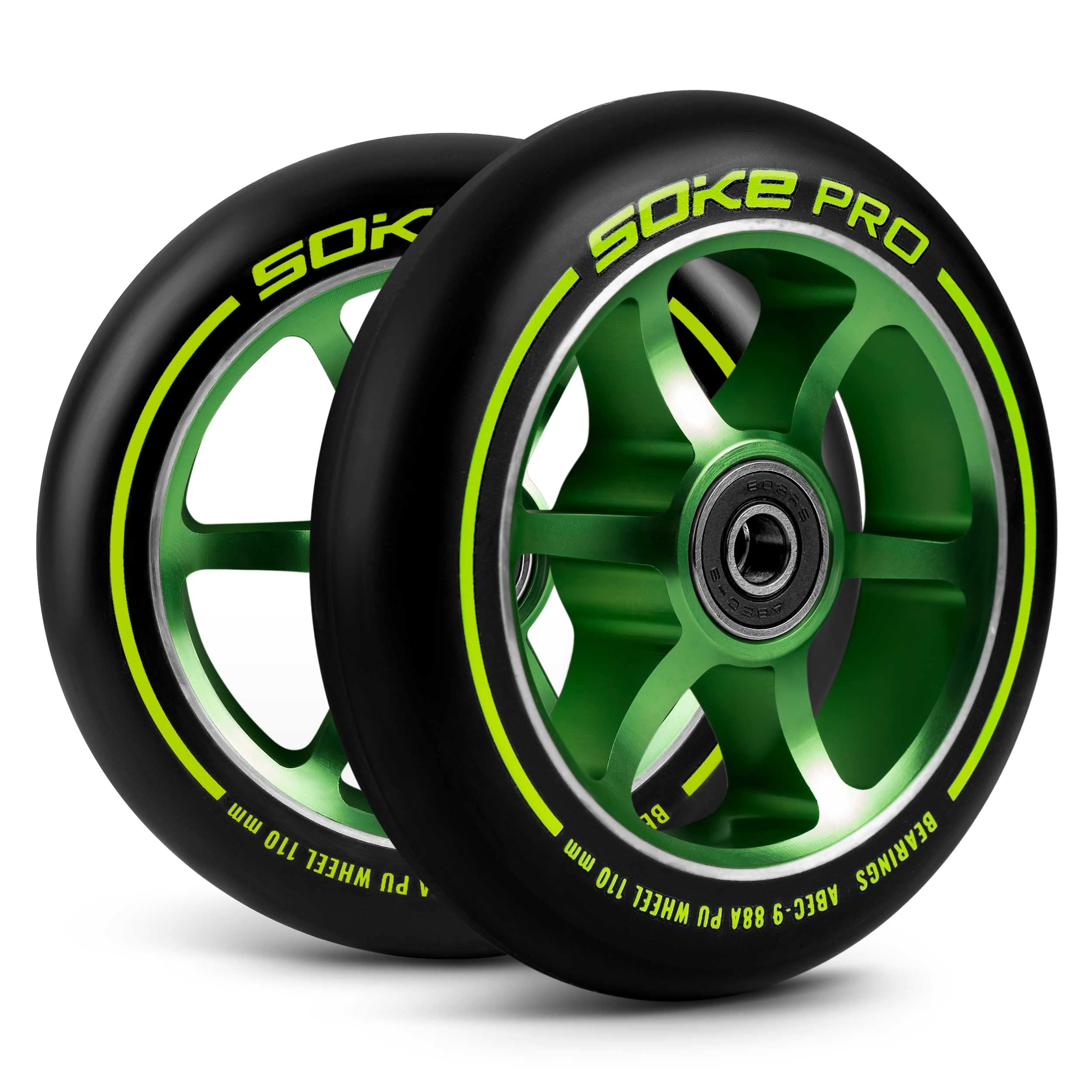 Soke roulettes pour Scooters Set 2 Pièces Diamètre 110 mm Hub 8 mm Roulements ABEC 9 Dureté 88A Aluminium et PU pour Surface Dur Vert