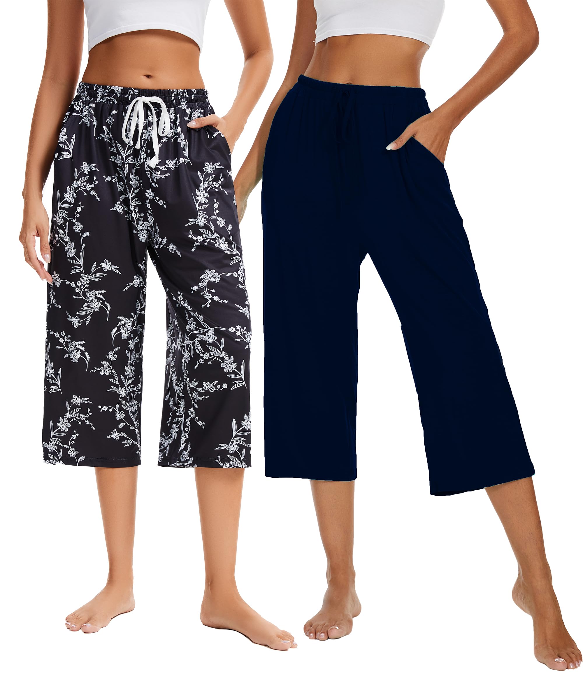 Kabento 2 Pack Womens Pajama Pants Capri Sleep Lounge Pants Drawstring Pj Bottoms with Pockets