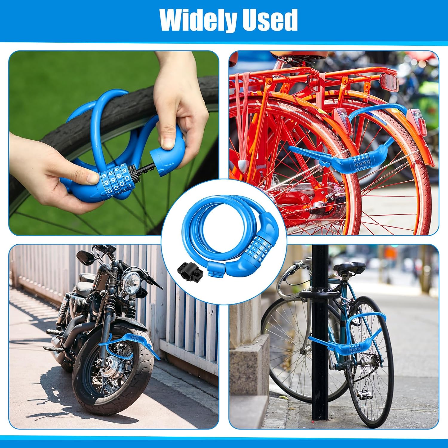 Hotop 8 Pcs Bike Locks Bulk High Security 4 Digit Heavy Duty Bicycle Cable Locks with Mounting Bracket 4 Ft Resettable Coiling Bike Lock with Combination, 1/2 Inch Diameter(Blue)