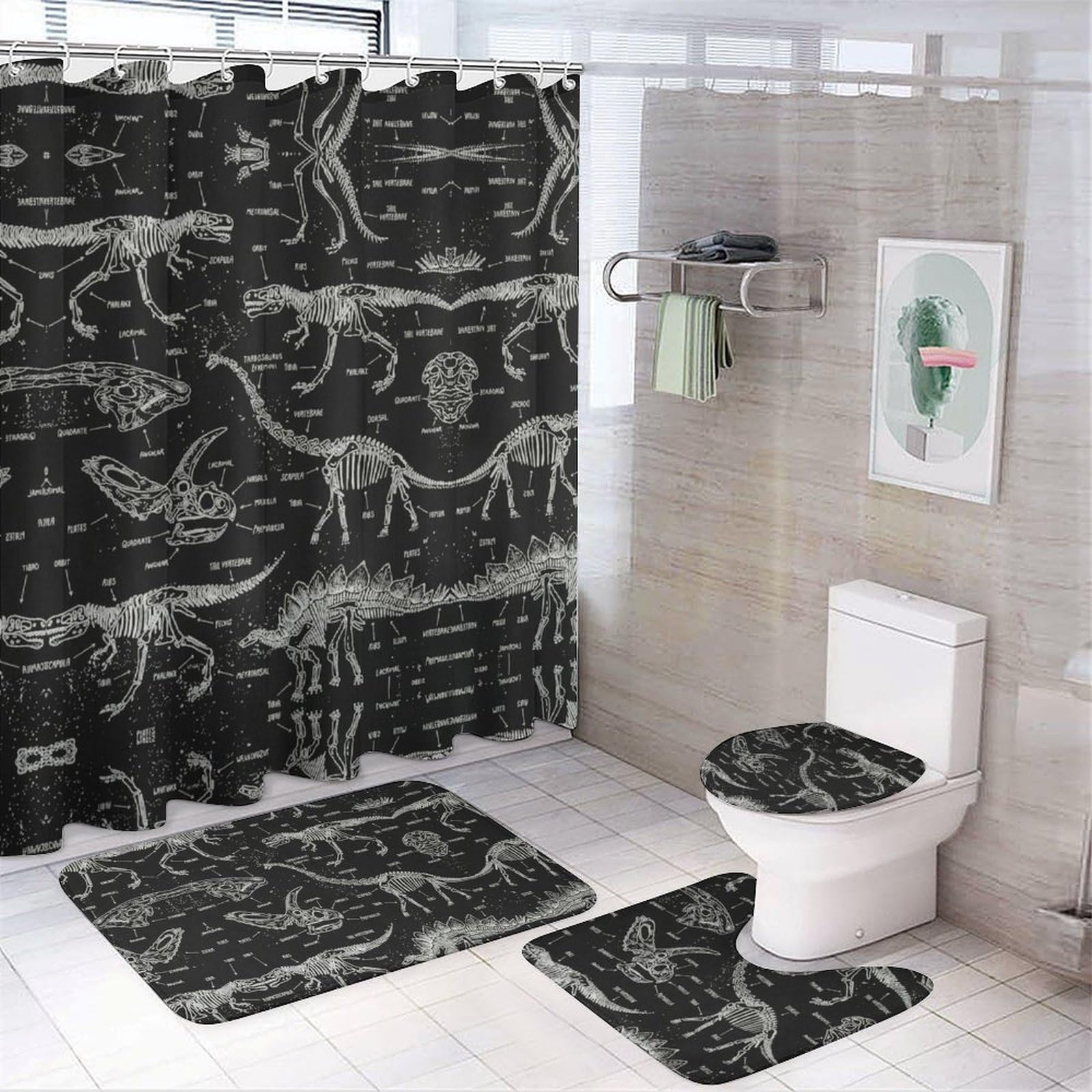 JZemdybill Bathroom Mat Set 4 Piece, Black And White Dinosaur Shower Curtain with Non-Slip Bath Mats for Bathroom