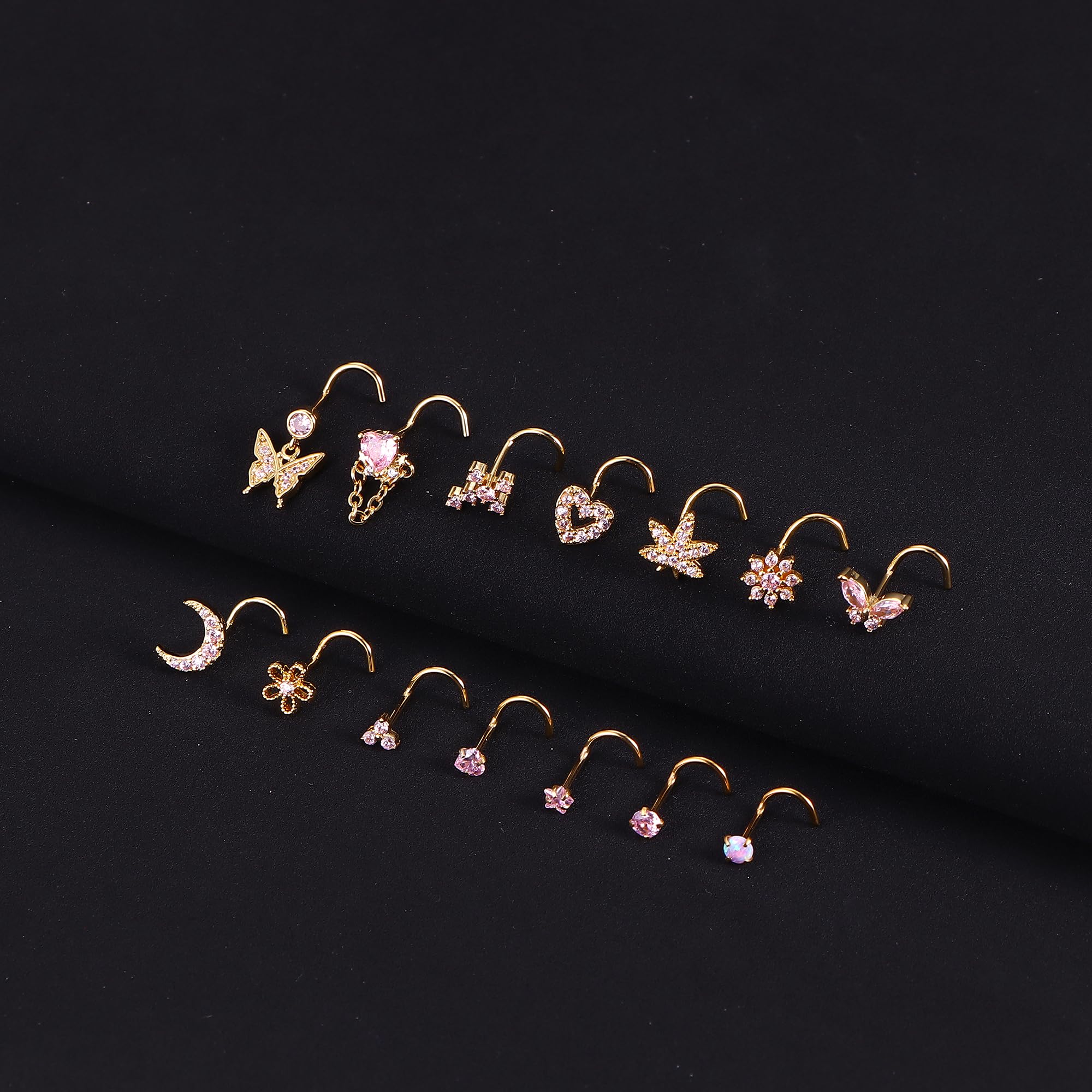 MILACOLATO 14PièCes 20G Piercing Nez Or pour Femme Acier Inoxydable avec CZ en Forme de L et en Spirale Anneaux de Nez de Argent Coeur Papillons Clous de Nez Bijoux Piercing pour Femme