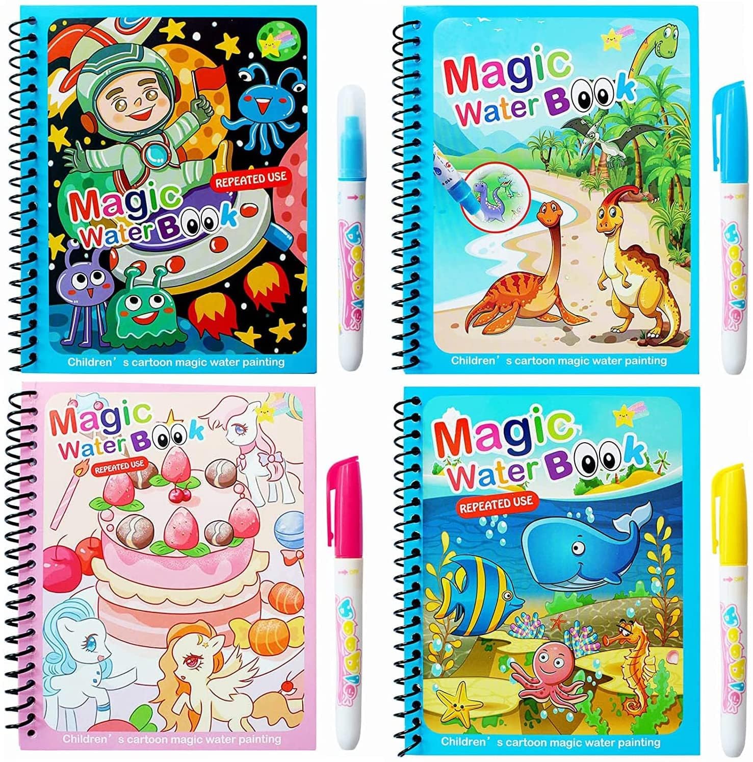 Magic Water Colouring Book, 4pcs Reusable Water Painting Books with Water Pen for Kids,Early Education Doodle Mess Free Painting Toys,Learning Gifts for Toddlers Boys Girls Ages 3 Years Plus