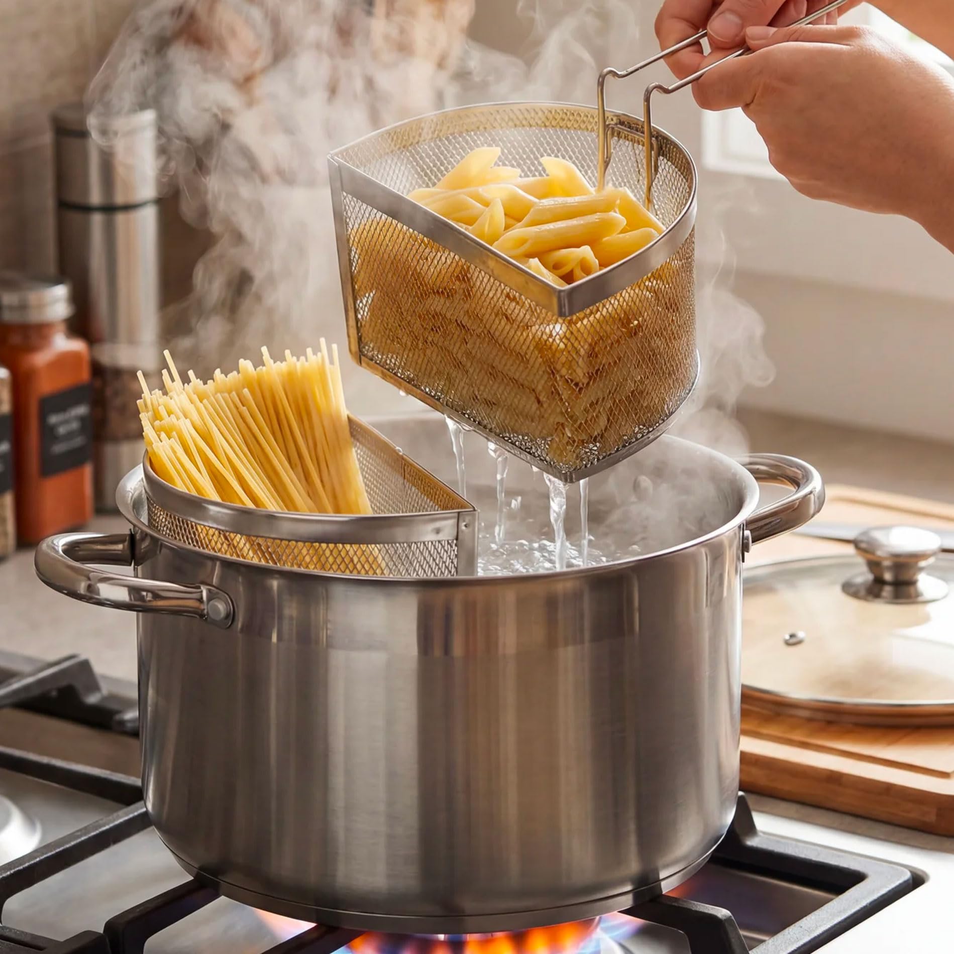 081 Store - Pentola Doppio Cestello con Coperchio 20 cm 6L Acciaio Inox 18/10 | Spaghettiera 2 Cestelli | Fondo Triplo Induzione | Pentola Pasta Professionale