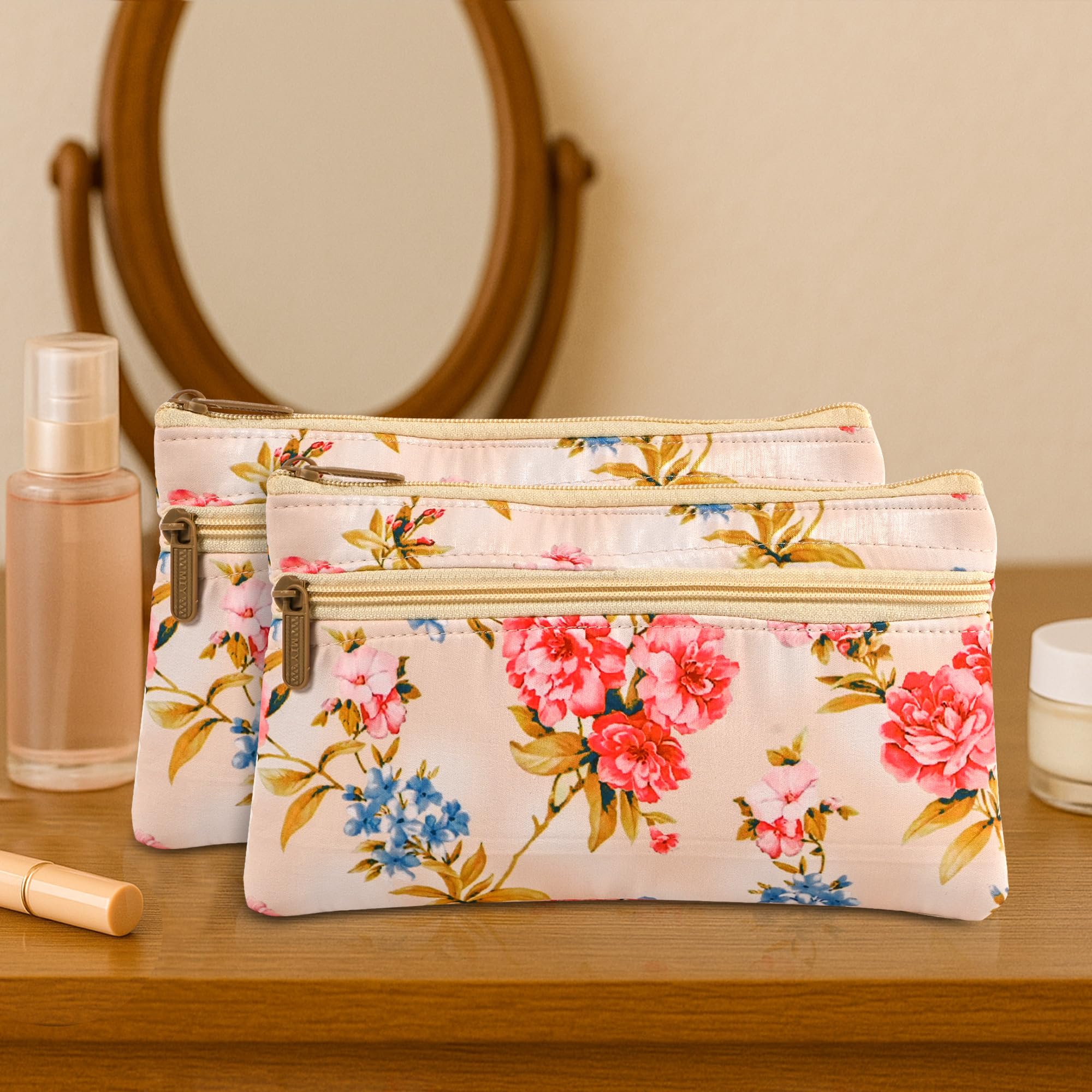 Heart Home 2 Pcs Polyester Return Gift Ladies Purse for Women Stylish with Zipper | Small Hand Purse for Women Wallet | Cloth Pouch for Lady for Cash & Accessories | Digital Flower - Cream-image-39