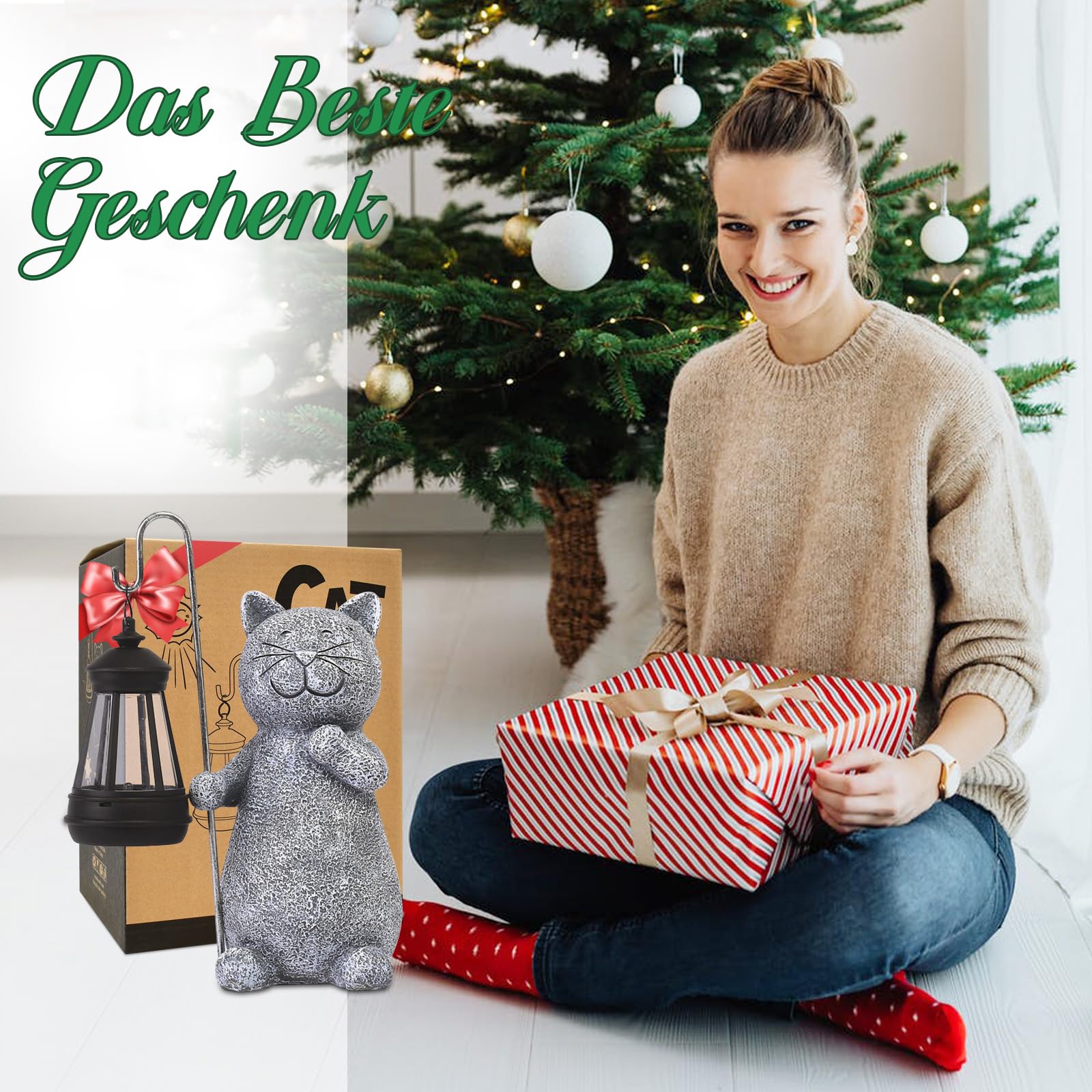 Yeomoo Katze Gartenfiguren für Außen mit Solar Laterne – Lustig Wasserdicht Solarlampe Figur Gartendeko für Draußen Balkon Terrassen Geschenke für Frauen Männer Mama Geburtstag Feengarten Grau