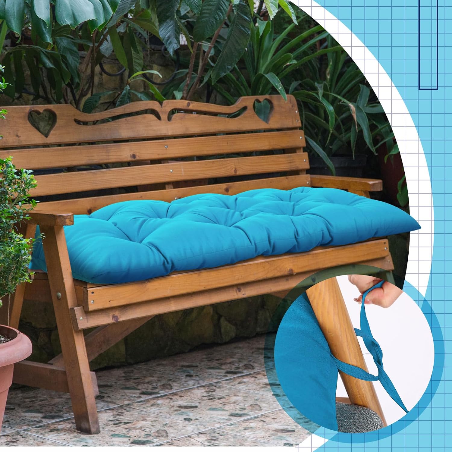 Wenqik Outdoor Bench Cushion 59 x 20 x 4 Inches Waterproof Outdoor Porch Swing Cushion Soft Thicken Chaise Lounge Pad with Ties for Indoor Garden Patio Seat(Lake Blue,Classic)