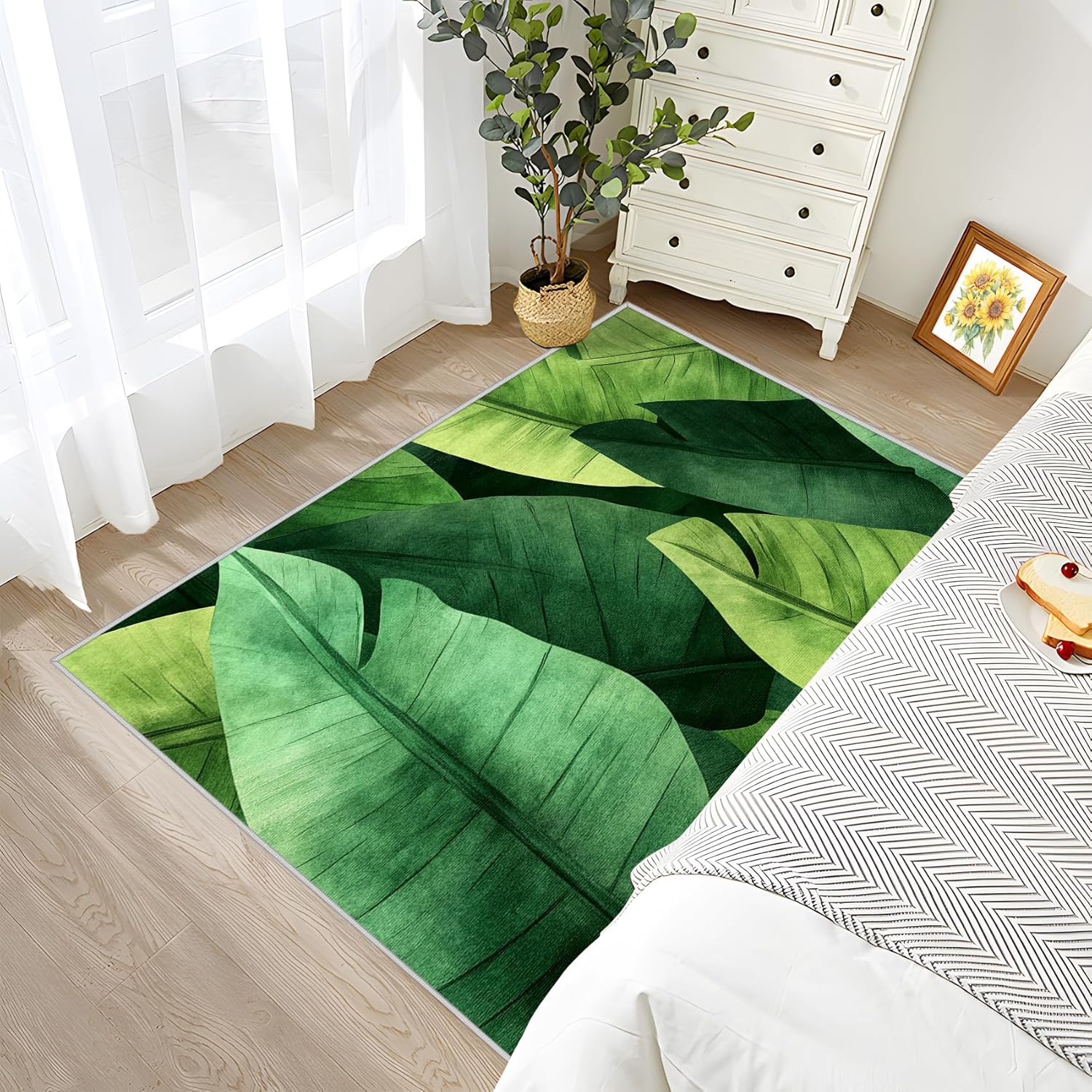 Leaf Indoor Rugs for Entryway - 2x3ft - Green Leaves Tropical Botanical Washable Non Slip Low Pile Small Area Rug for Bedroom, Green Leaf Carpet Home Decor