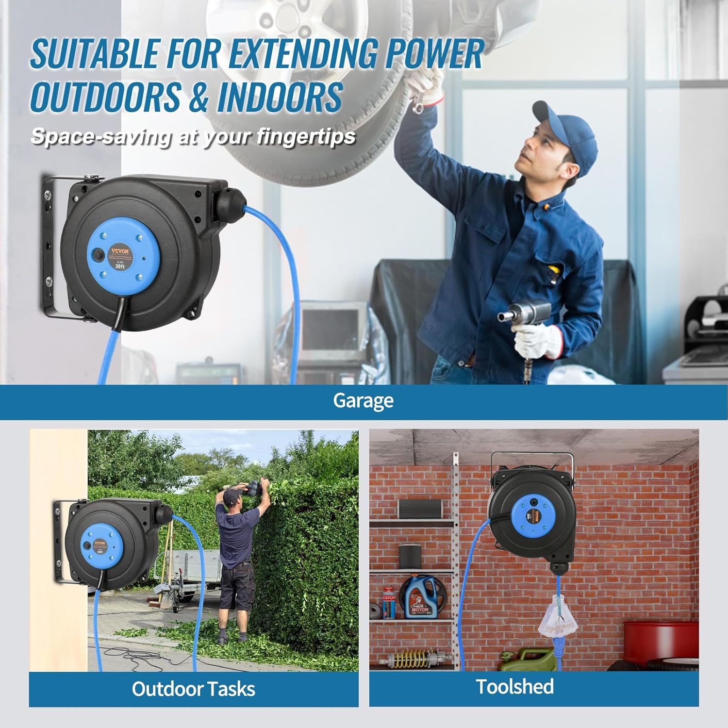 VEVOR Retractable Extension Cord Reel, 30 FT, Heavy Duty 16AWG/3C SJTOW Retractable Power Cord Reel with Lighted Triple Tap Outlet 10 Amp Circuit Breaker, for Ceiling or Wall Mount, Blue