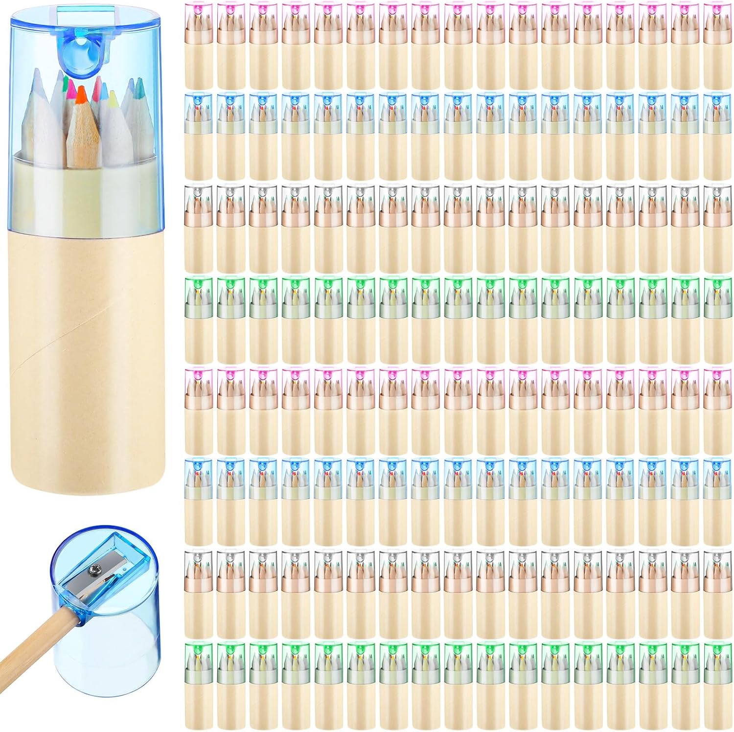 Fulmoon 100 Pack Mini Colored Pencils with Sharpener, Bulk Classroom Party Favors, Portable Crayon Sets for Drawing, Birthday Gift Supplies for Students(Assorted Colors)