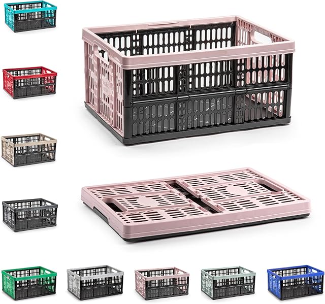 32L Multi-Purpose Folding Collapsible Plastic Storage Boxes Crates Portable Stackable Container Basket for Home Office Garage Tools, Soft-Touch Handles (Black & Pink)