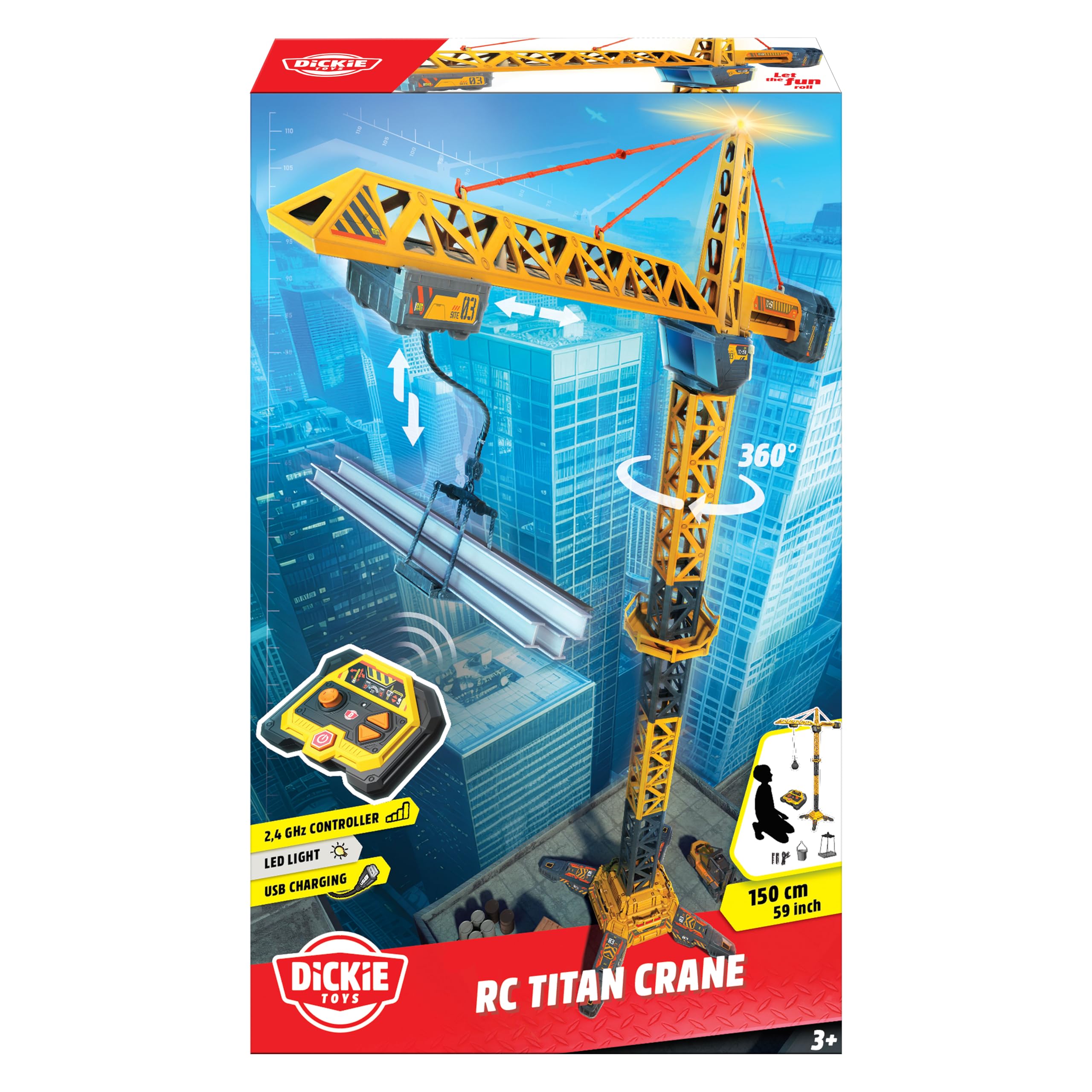 Dickie 203729025 Grue Titan Radio Control 150 cm, Pivote à 360°, Monte et descend avec lumière et USB, Accessoires Inclus, Jouet de Construction, à partir de 3 Ans