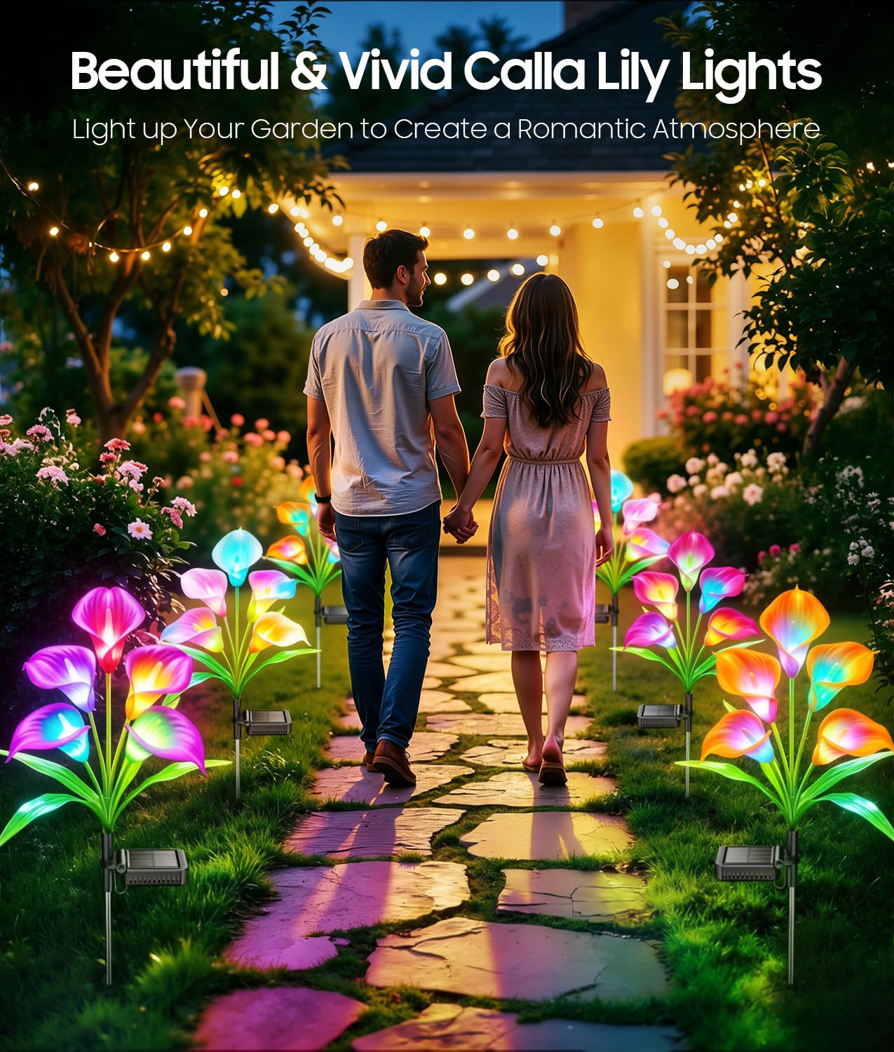 KOOPER Lot de 4 lampes solaires décoratives d'extérieur avec 20 fleurs de lys calla, étanches IP65 pour jardin, pelouse, jardin, cadeau pour femme, maman