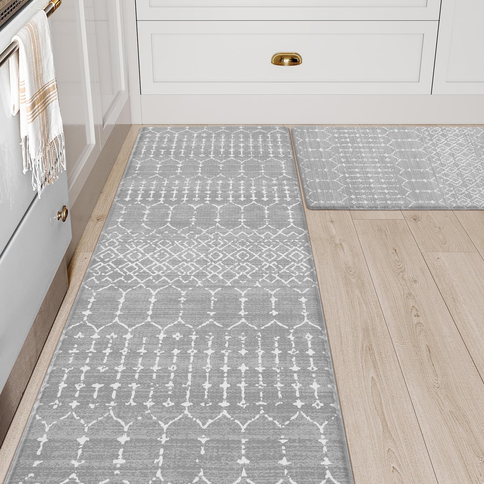 LEEVAN Kitchen Mat 2 PCS, Non-Skid Waterproof Kitchen Rugs, Anti Fatigue Kitchen Rugs and Mats, Comfort Standing Mat for Office,Sink,Desk, Laundry, Grey and White