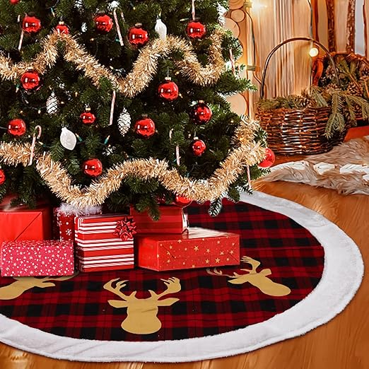 Garvee 48" Christmas Tree Skirt, Red Black Buffalo Plaid Christmas Tree Skirt, Xmas Tree Skirt with Reindeer Pattern for Holiday Party Indoor Decorations