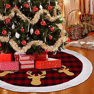 Garvee 48" Christmas Tree Skirt, Red Black Buffalo Plaid Christmas Tree Skirt, Xmas Tree Skirt with Reindeer Pattern for Holiday Party Indoor Decorations