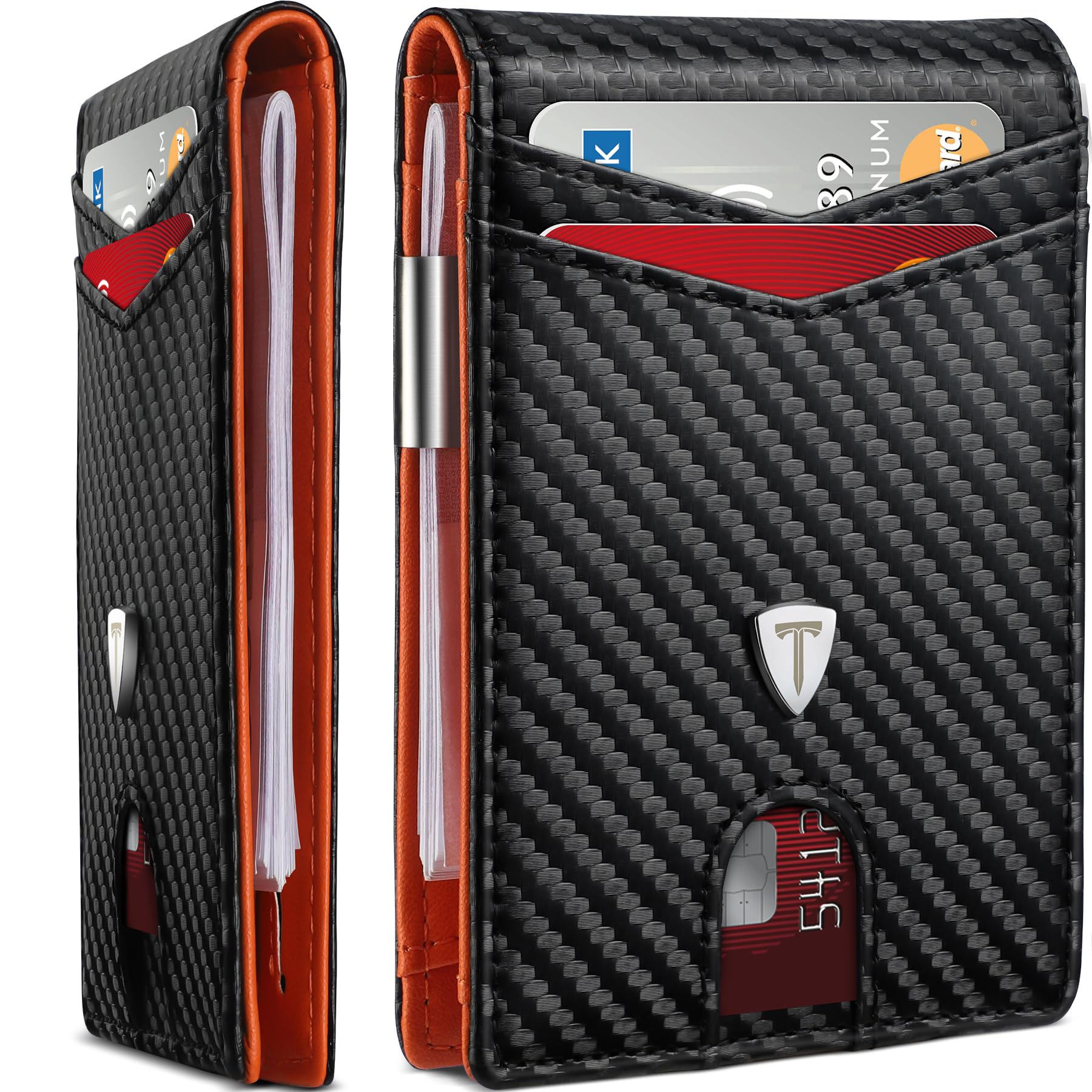 Wallet RFID Blocking Carbon Fiber Leather, 12 Credit Card Holder with Money Clip, ID Window, Slim Wallets for Men UK, Bifold Mens Wallets with Gift Box - Orange & Black-image-39