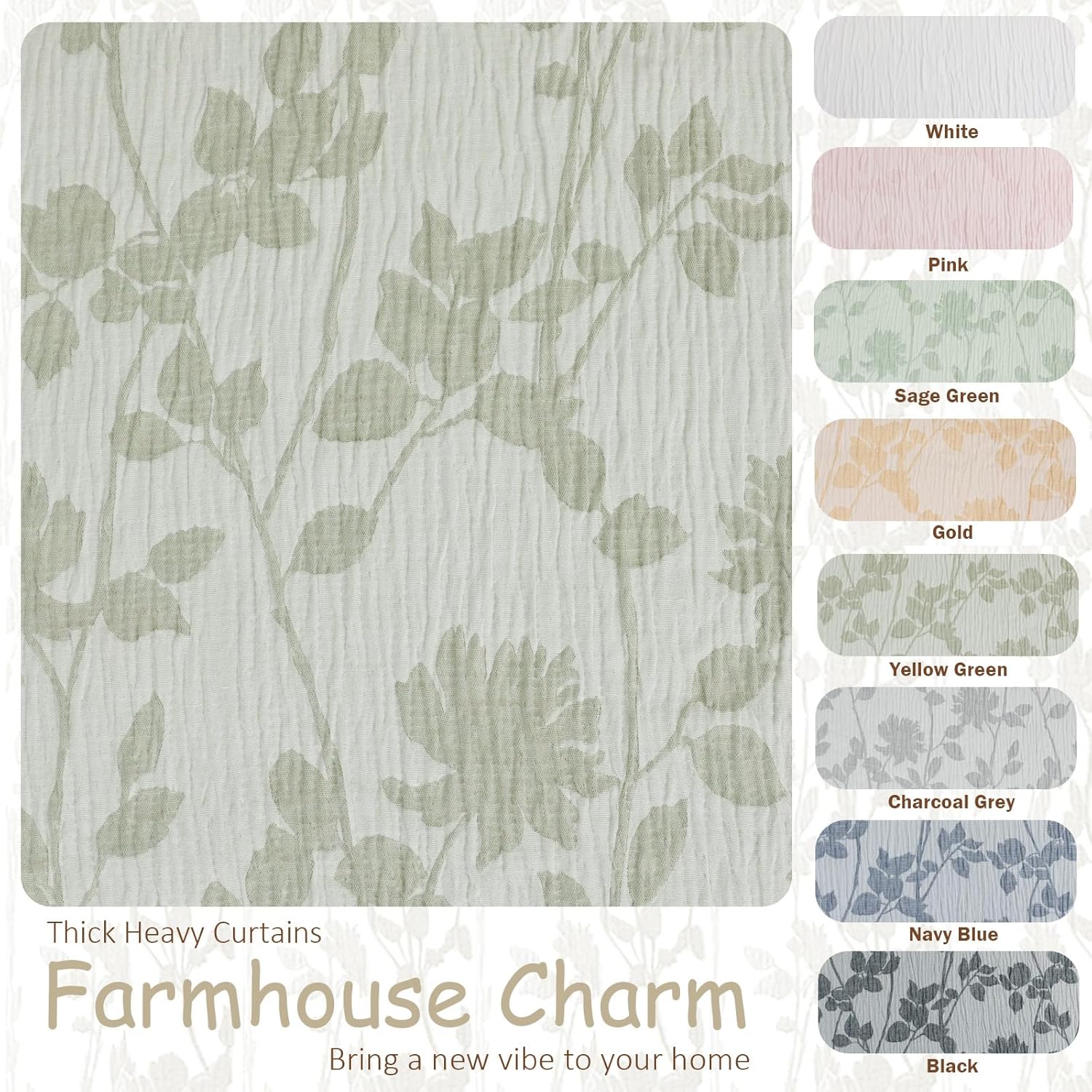 OVZME Yellow Green Long Curtains for Living Room 108 Inch Length 2 Panels, Soft Fabric Crinkled Textured Light Filtering Window Curtain, Rod Pocket Back Tab Farmhouse Drapes for Bedroom, Each 50Wx108L