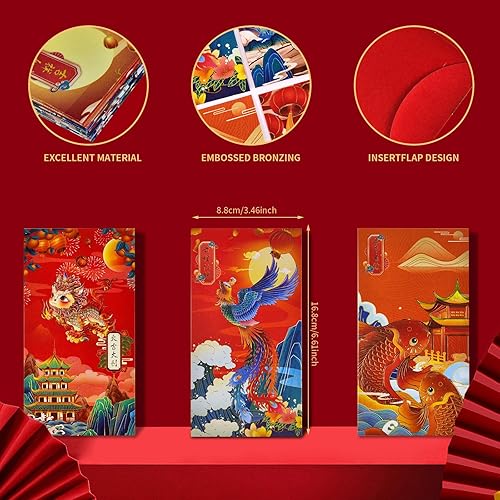 Vista 2 de 12 sobres rojos con elementos chinos, tarjetas de agradecimiento, sobres de efectivo, sobres de regalo de dinero de la suerte, paquete rojo