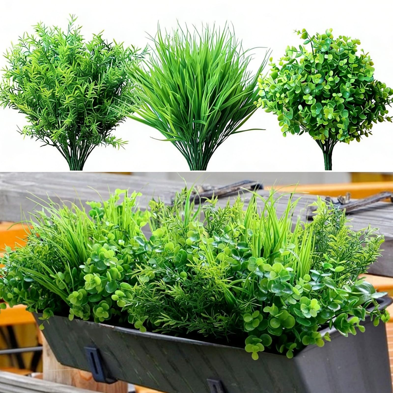 18PCS Outdoor Artificial Faux Plants Spring Summer UV Resistant Bulk Realistic Fake Bushes Grass Eucalyptus Fuax Plastic Greenery Shrubs Front Porch Patio Garden Window Home Decor (Green Mix-18pcs) โ image 1