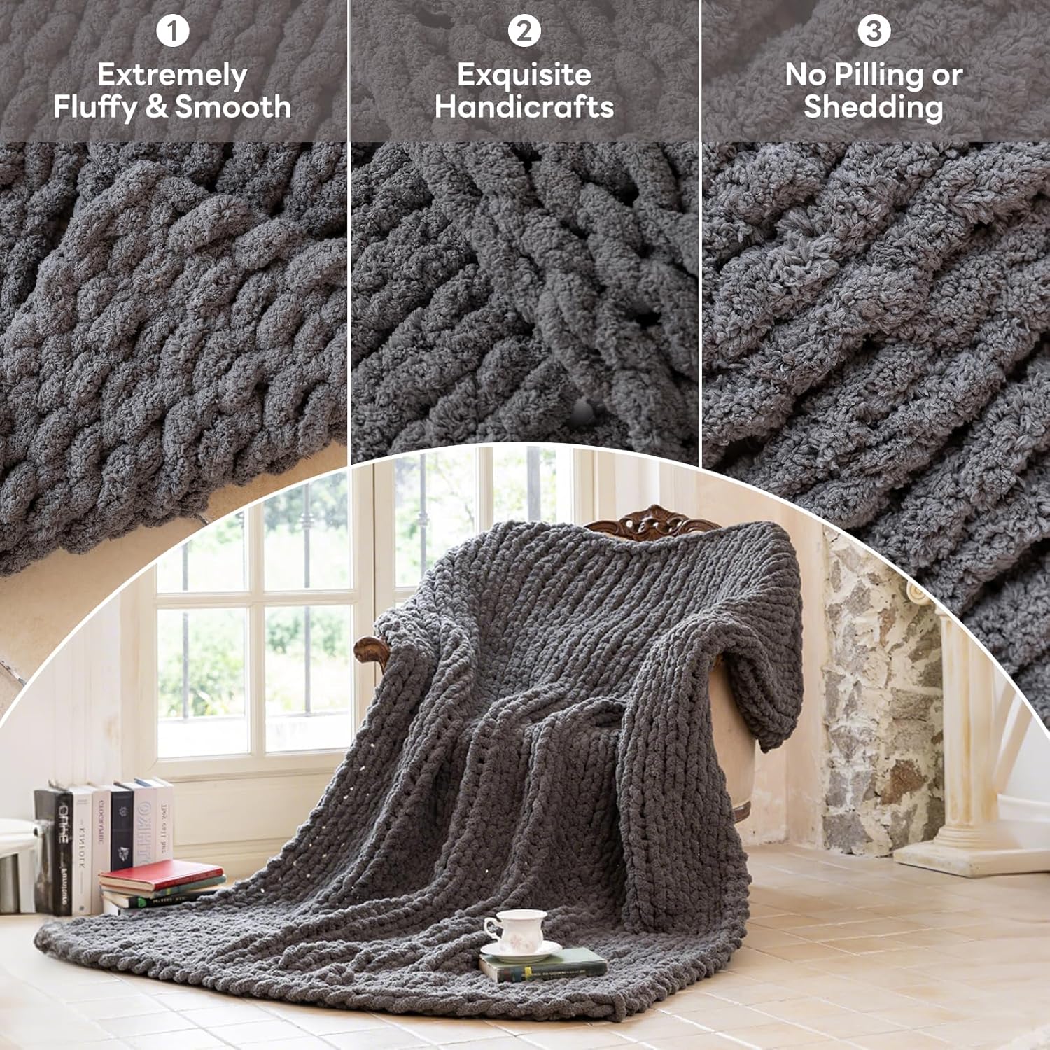 Chunky Knit Blanket - Luxury Soft Cozy 50 * 60 Throw Blanket,100% Woven Blanket Rope Knot Throw Blanket for Couch, Sofa, Home Decor, Gift - Machine Washable (Black Gray, 50 * 60) - Image 7