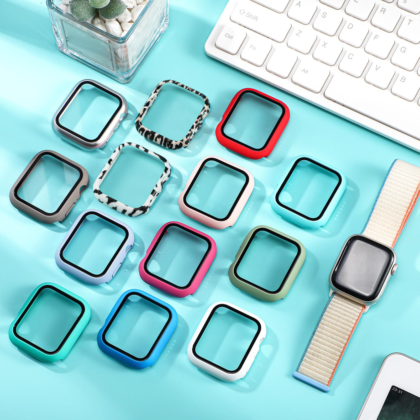 Sieral Lot de 24 protections d'écran pour montre intelligente - Coque rigide en polycarbonate avec coque de protection d'écran en verre trempé compatible avec iWatch pour homme et femme - Couleurs