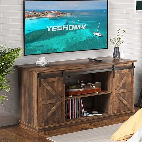 YESHOMY Soporte de TV para televisores de hasta 65 pulgadas, con puertas correderas de granero y armarios de almacenamiento, mesa consola y muebles