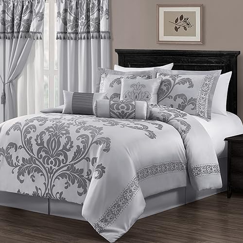 Chezmoi Collection 7-Piece Jacquard Floral Comforter Set (King, Silver/Gray)
