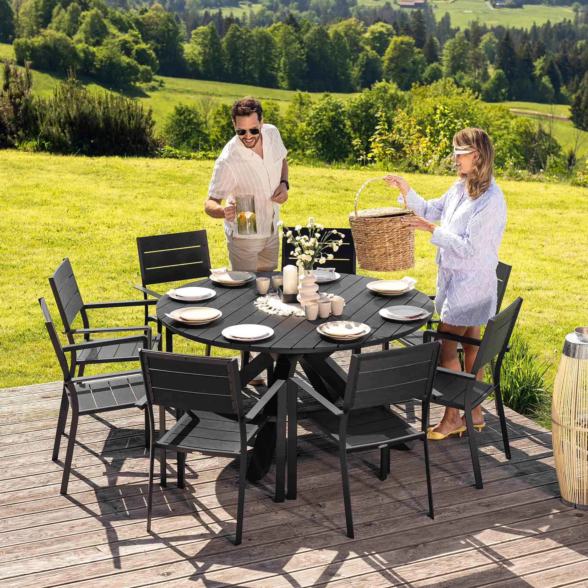 di volio Gartentisch Ravello 150 cm rund aus Aluminium Holzoptik wetterfest | 8 Personen, Nivellierfüße, X-Gestell, UV-beständig, pflegeleicht, leicht, Terrasse, Familienfeste
