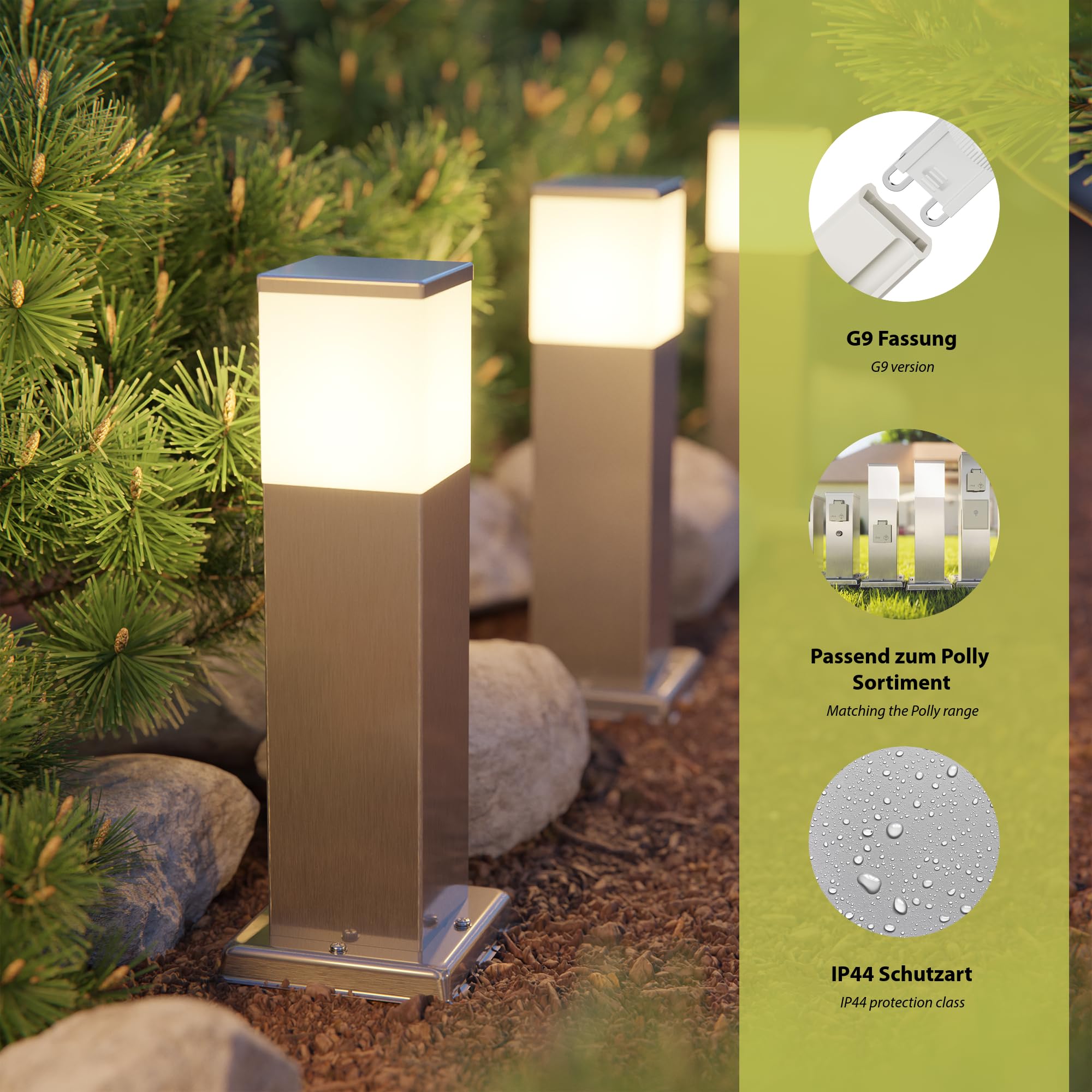 ledscom.de 2x Pollerleuchte POLLY für außen, 35cm, chrom, inkl. G9 Leuchtmittel, 501lm, warmweiß