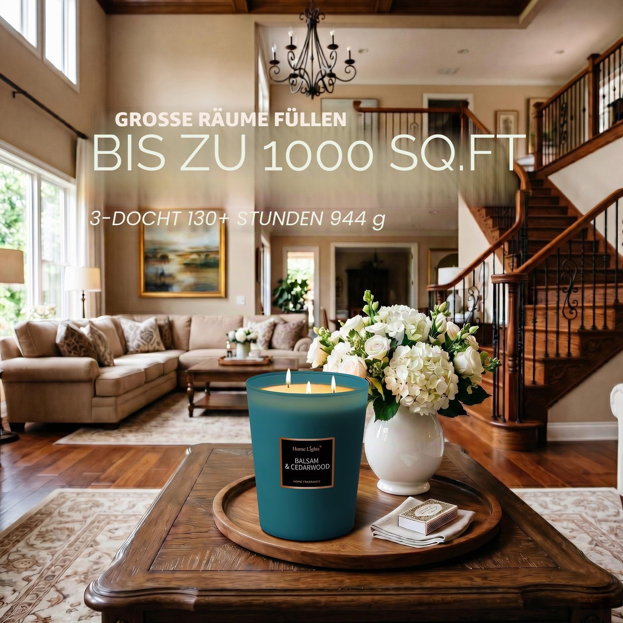 HomeLights Soja-Kerzen mit hohem Duft, groß, 944 ml, für Zuhause, 3 Baumwolldochte, rauchfrei, langlebig, 130 Stunden in Balsam und Zeder, 5 x 6, tolles Geschenk für Damen und Herren