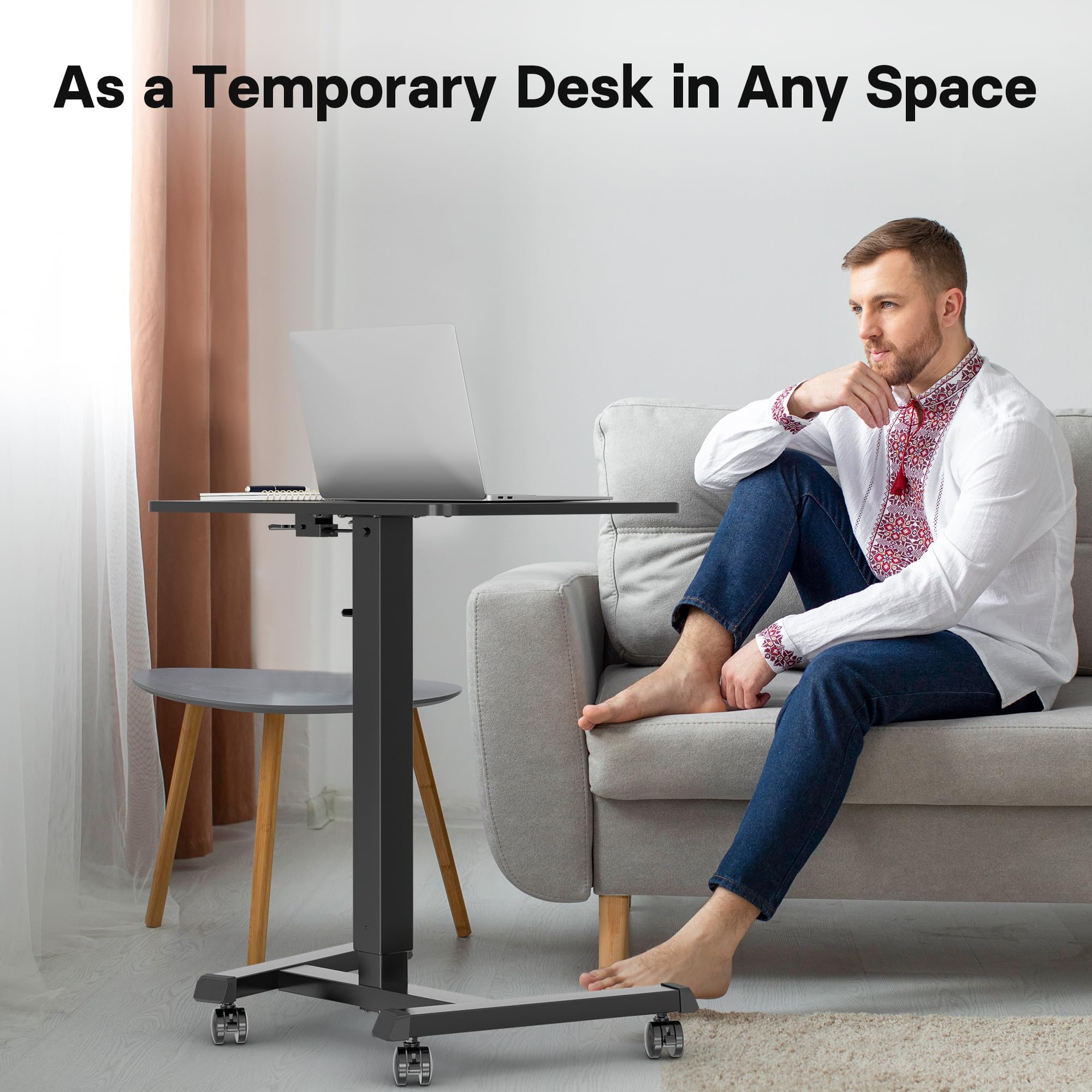 BONTEC Mobile Standing Desk Adjustable Height Rolling Laptop Cart with Hook Portable Workstation with Pneumatic Lift Ergonomic Table — view 8