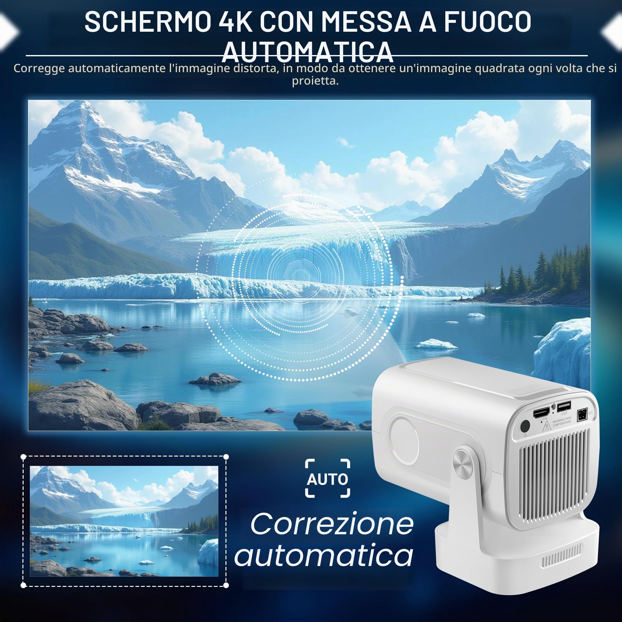 Mini proiettore 1080P video portatile 4K WiFi 6 Android 11 per telefono/PC/laptop/chiavetta, HDMI Home Theater rotazione di 180°