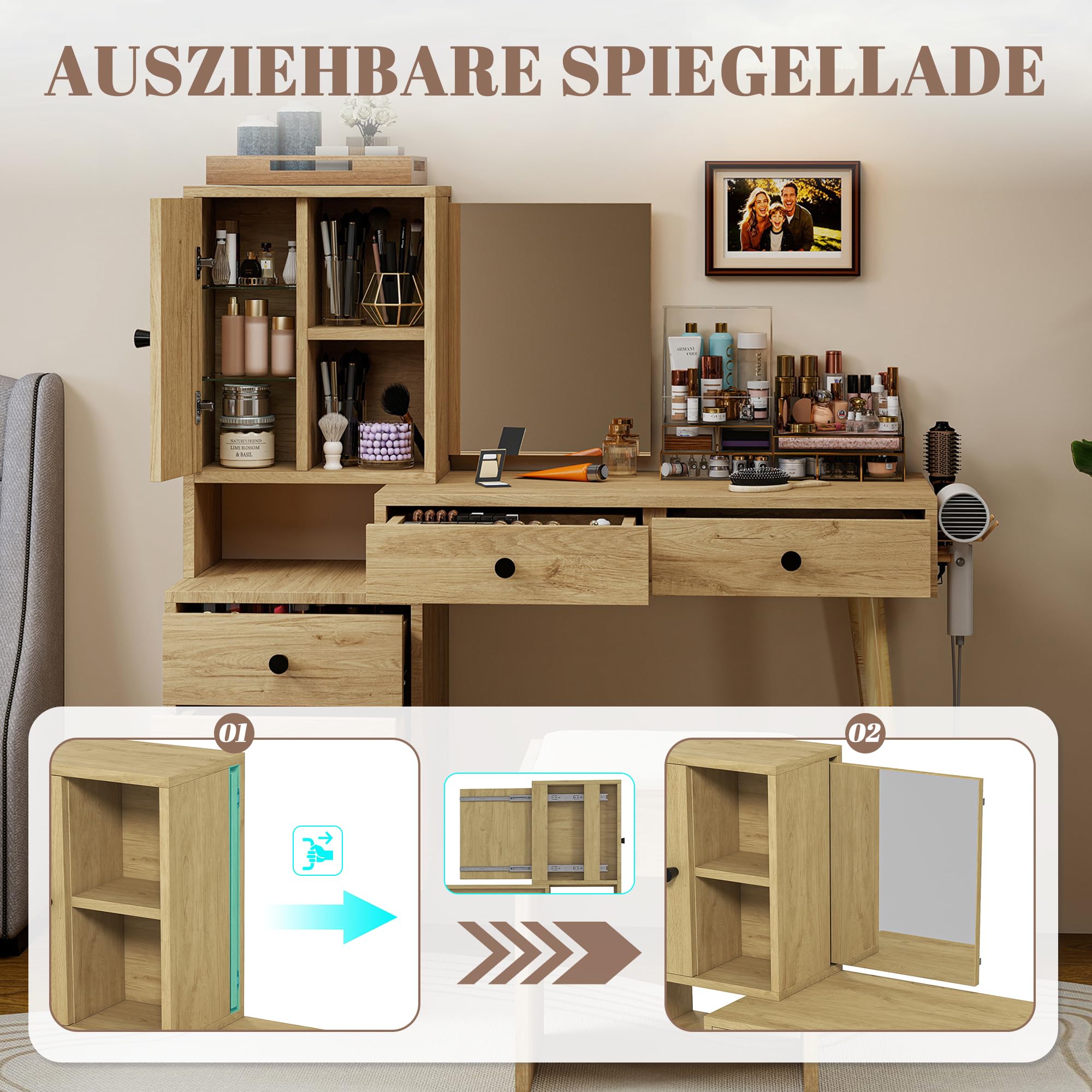 Kleiner Schminktisch mit versenkbarem Spiegel, Hocker und 5 Schubladen